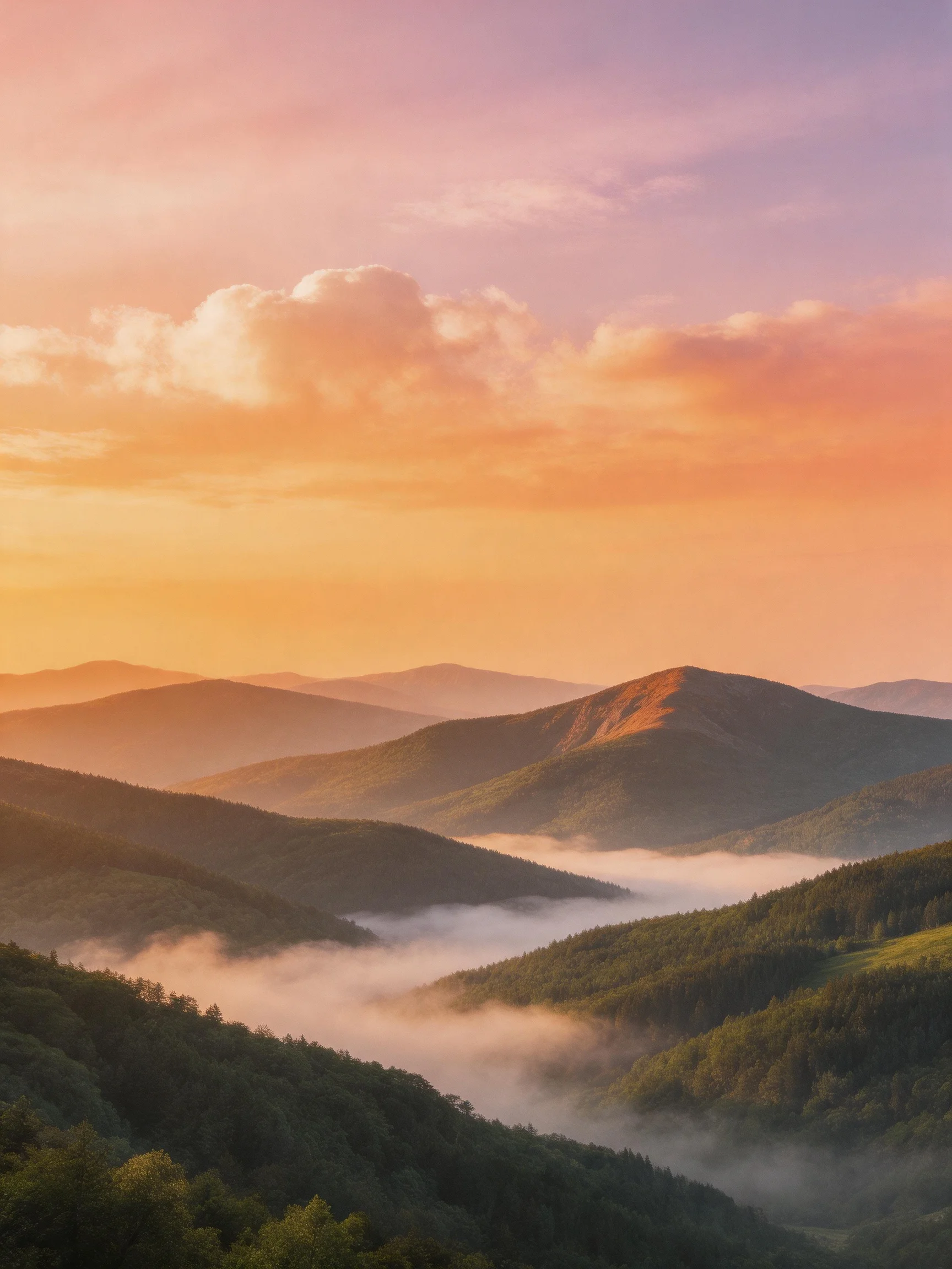 Misty Mountain Valleys Illuminated by Warm Sunrise