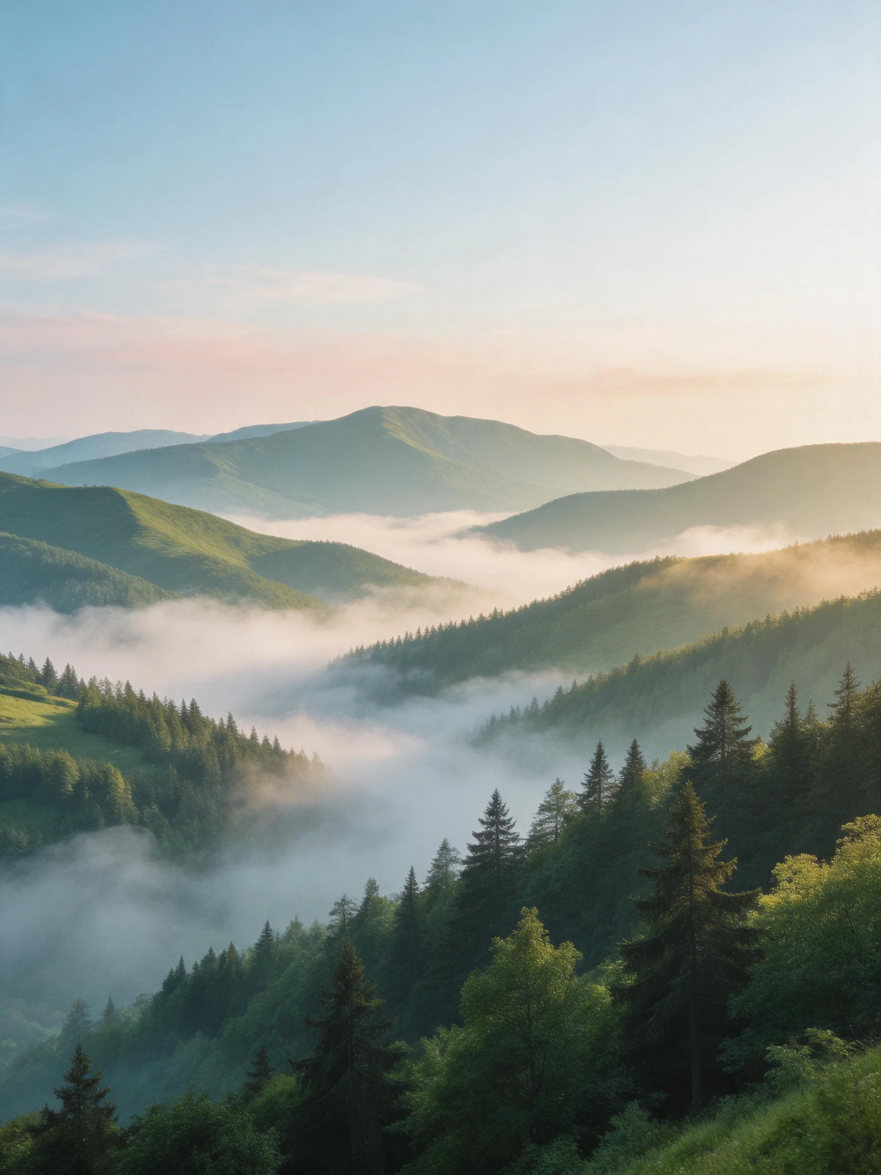 Misty Mountain Valleys With Lush Green Forests And Layered Hills