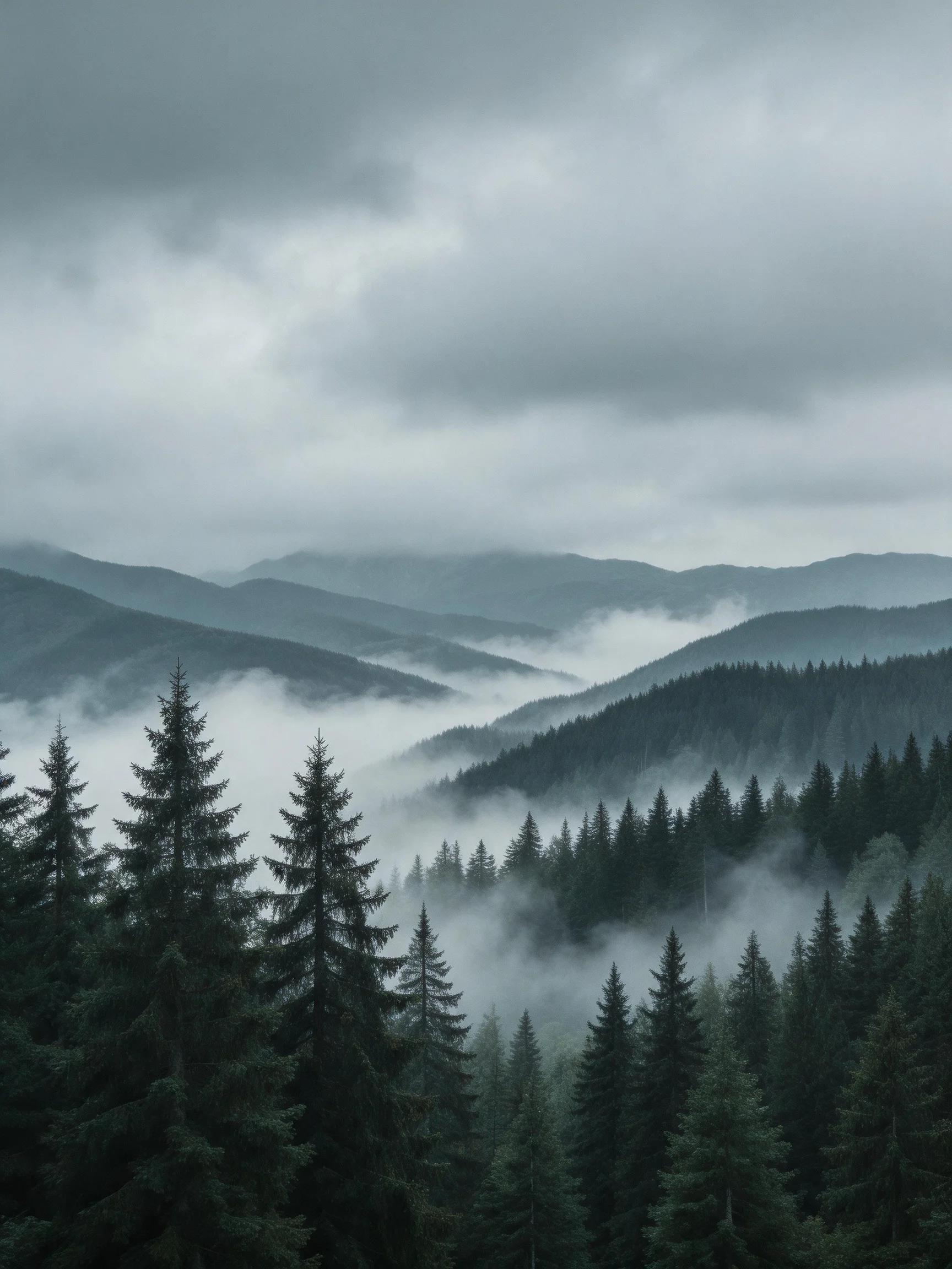 Misty Mountain Valleys with Dense Evergreen Forests Under Overcast Skies