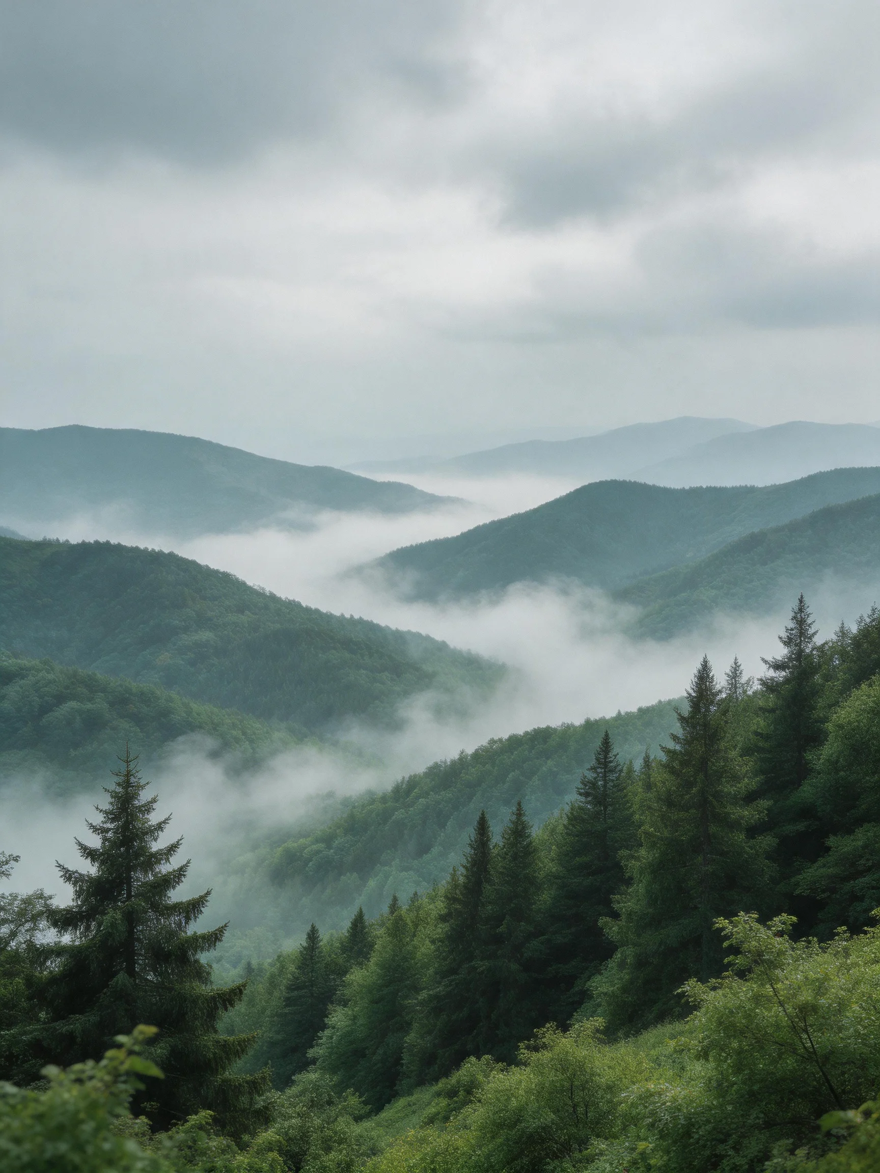 Misty Mountain Valleys with Dense Green Forests and Layered Hills
