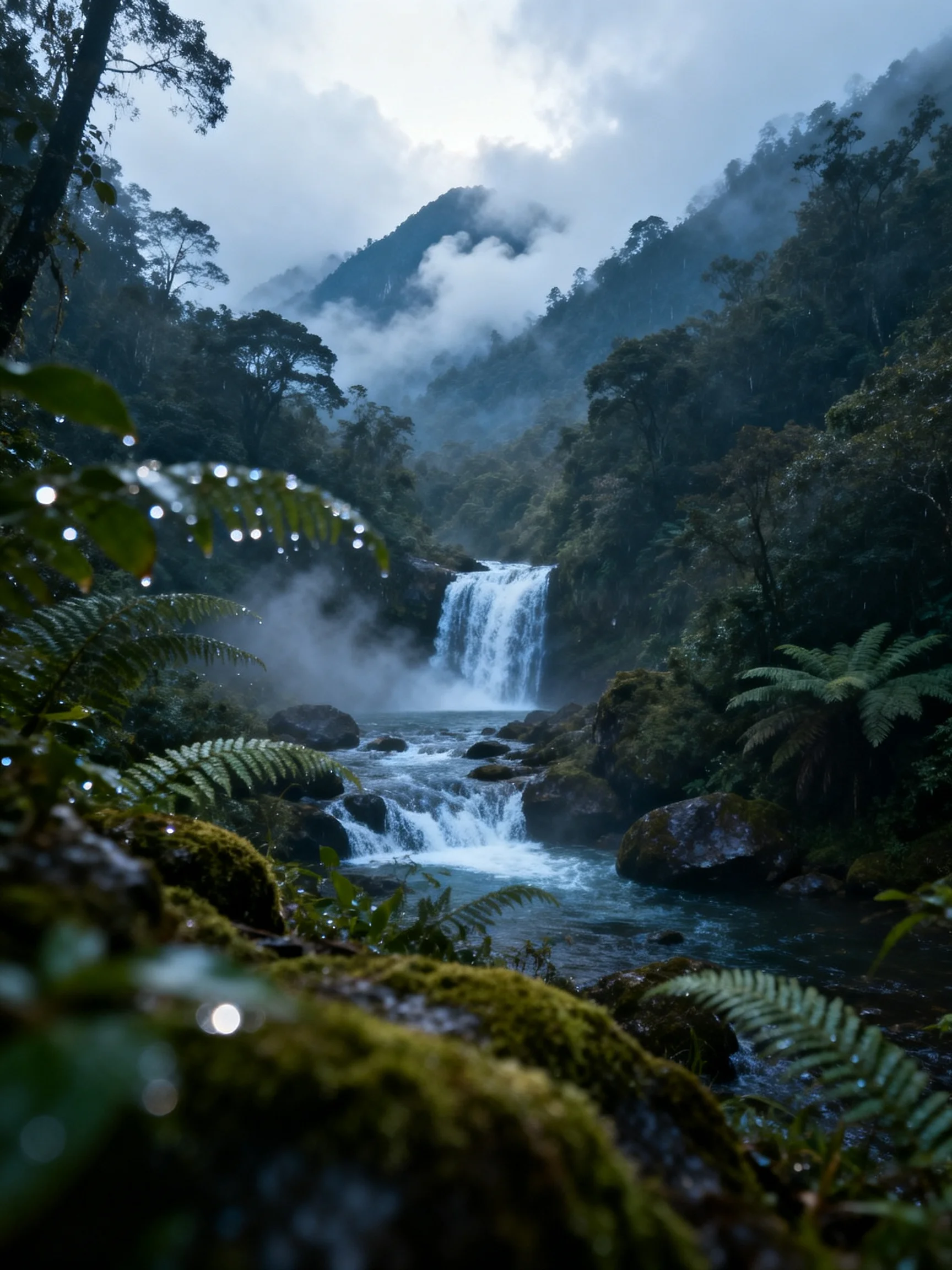 Misty Mountain Waterfall In Lush Green Forest