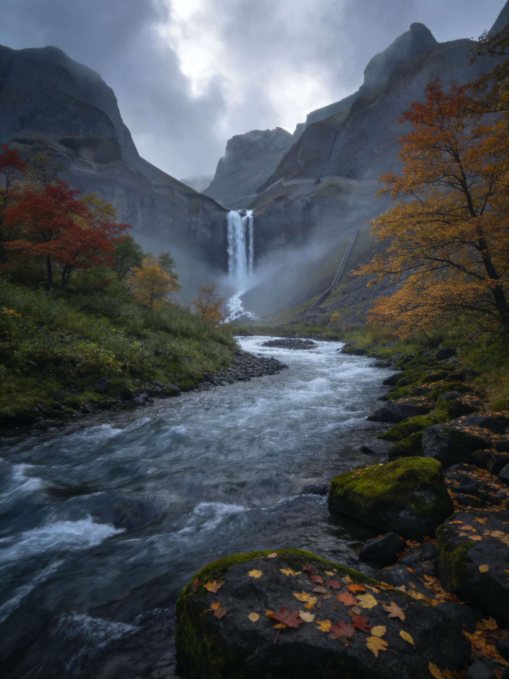 Misty Mountain Waterfall with Rushing Stream and Autumn Foliage