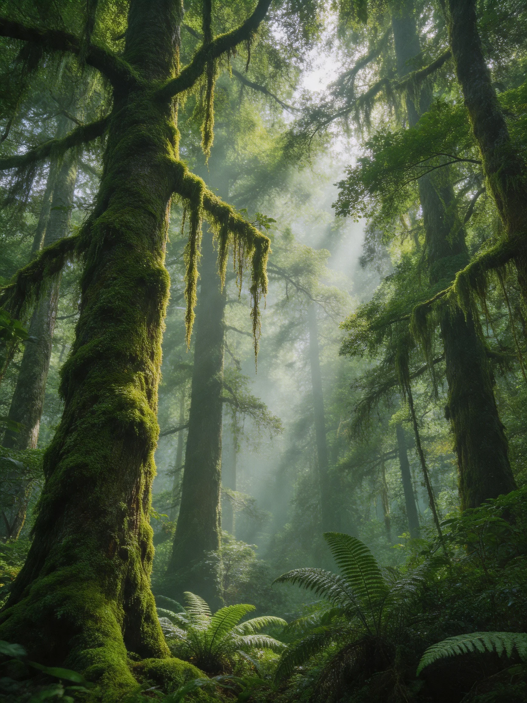 Misty Redwood Forest with Moss-Covered Giants and Ferns