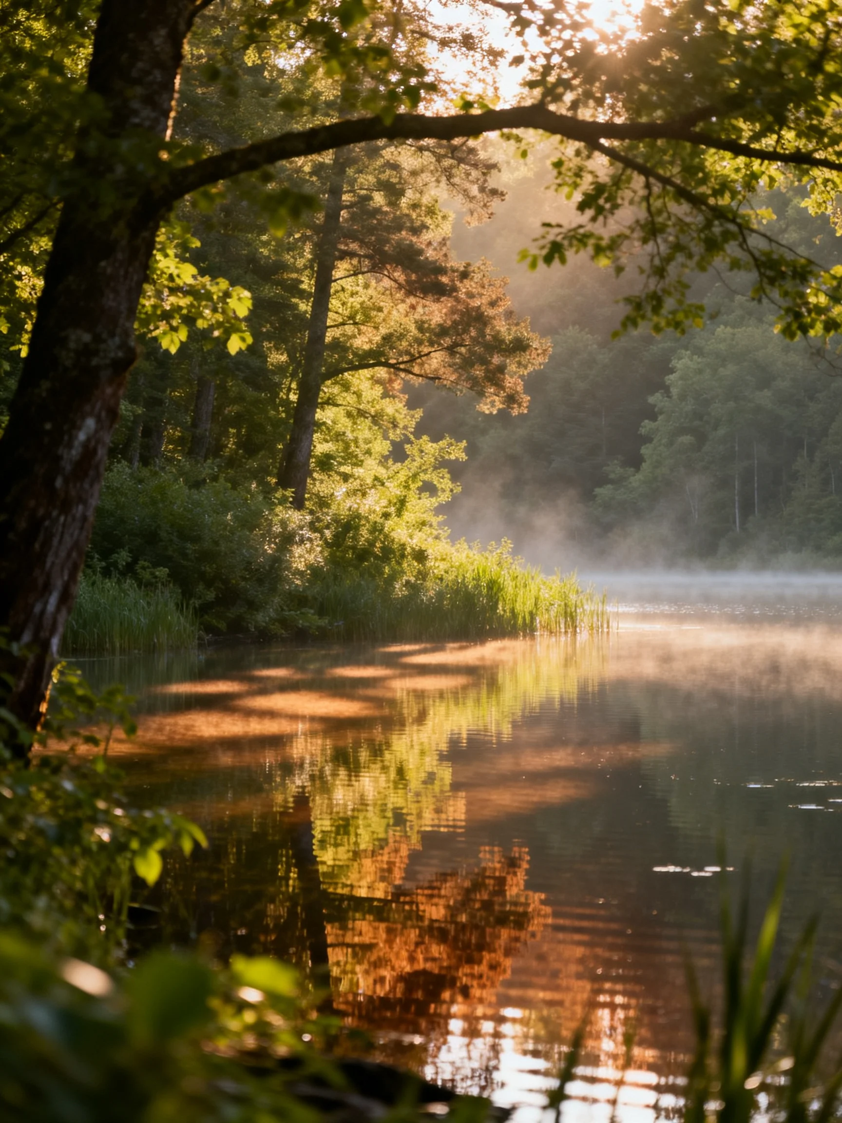 Misty River Reflecting Sunlit Forest Trees