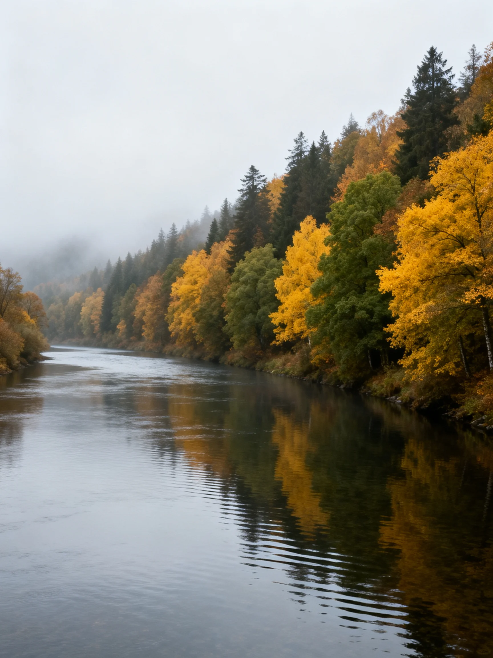 Misty River Reflects Autumn Forests Golden and Green Canopies