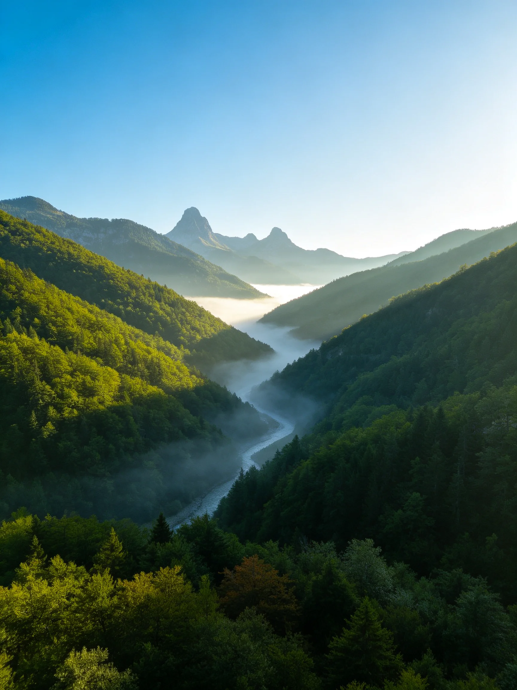 Misty River Valley Surrounded by Lush Green Forests and Mountain Peaks