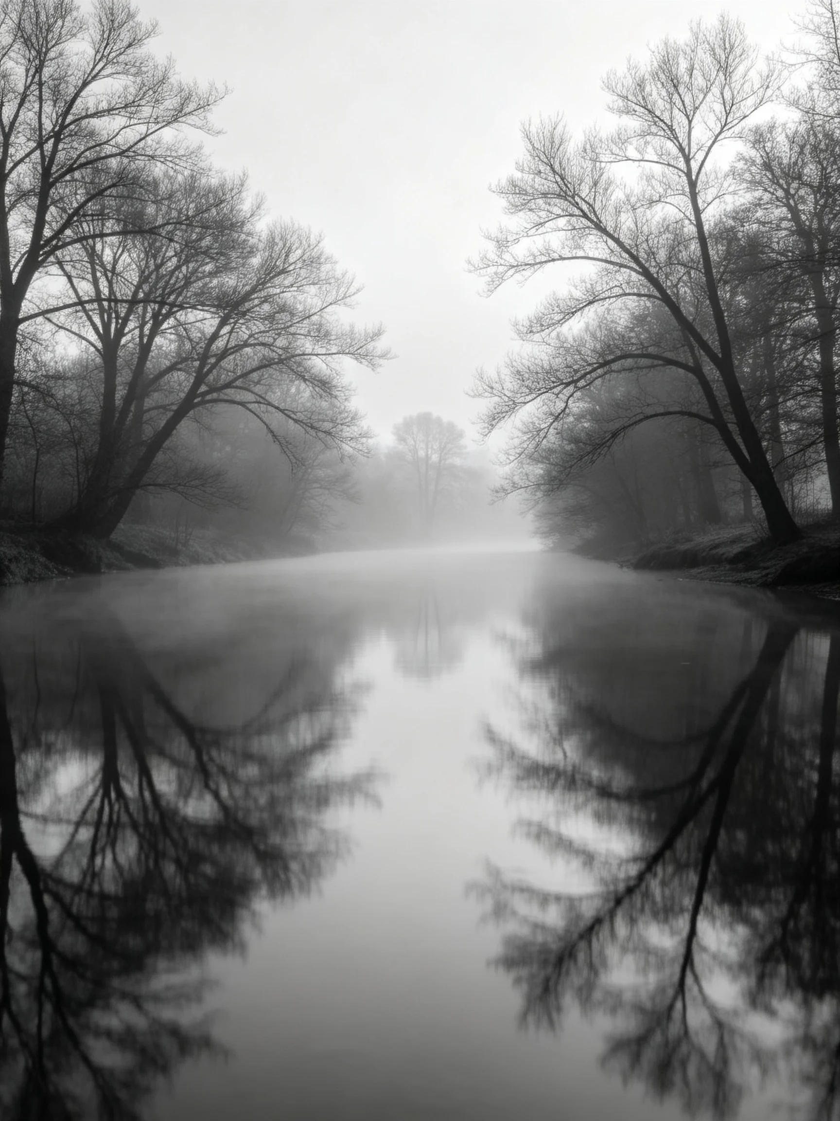 Misty River with Bare Trees Reflecting in Still Water