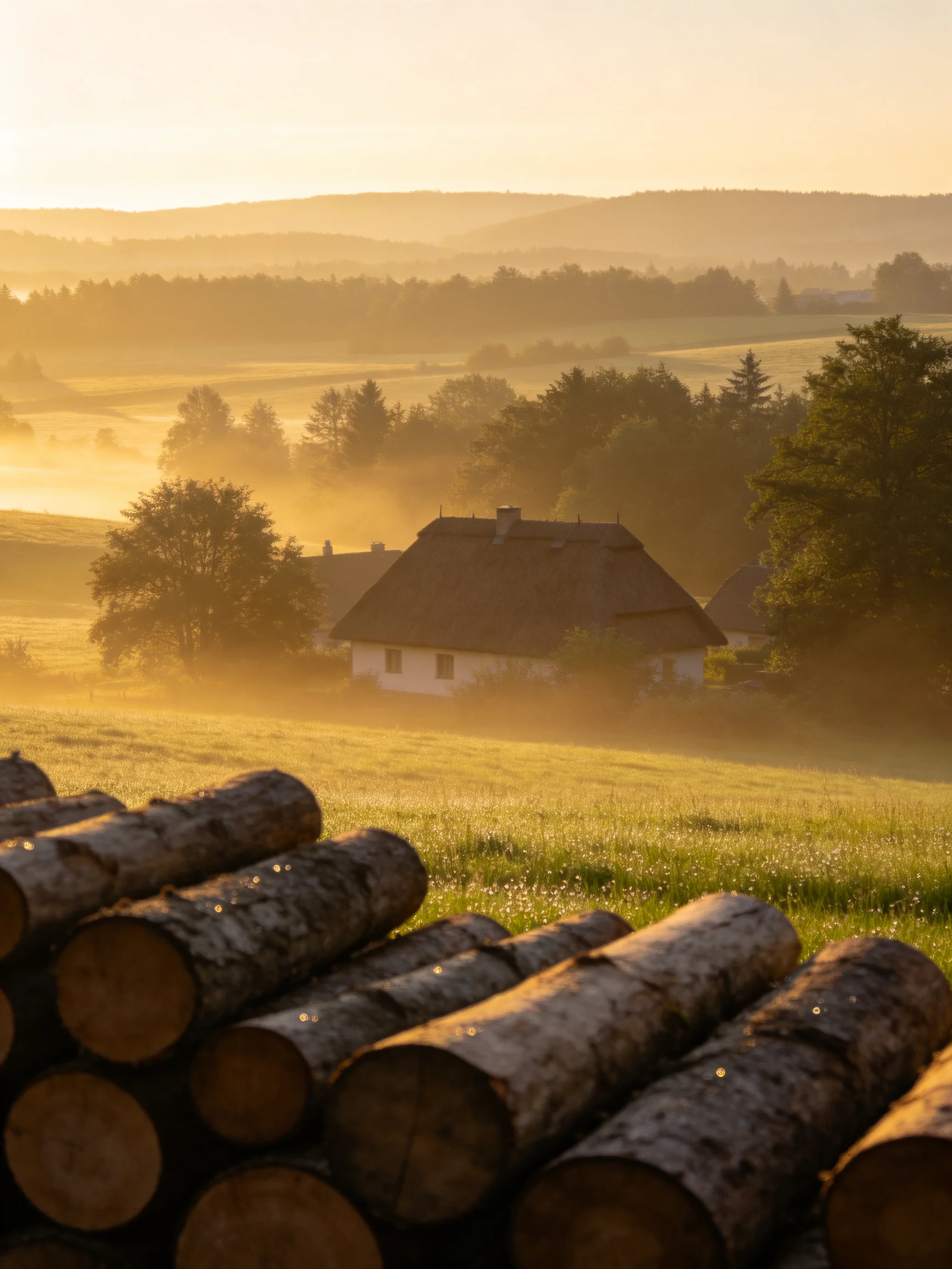 Misty Rural Dawn with Stacked Logs and Traditional Cottages