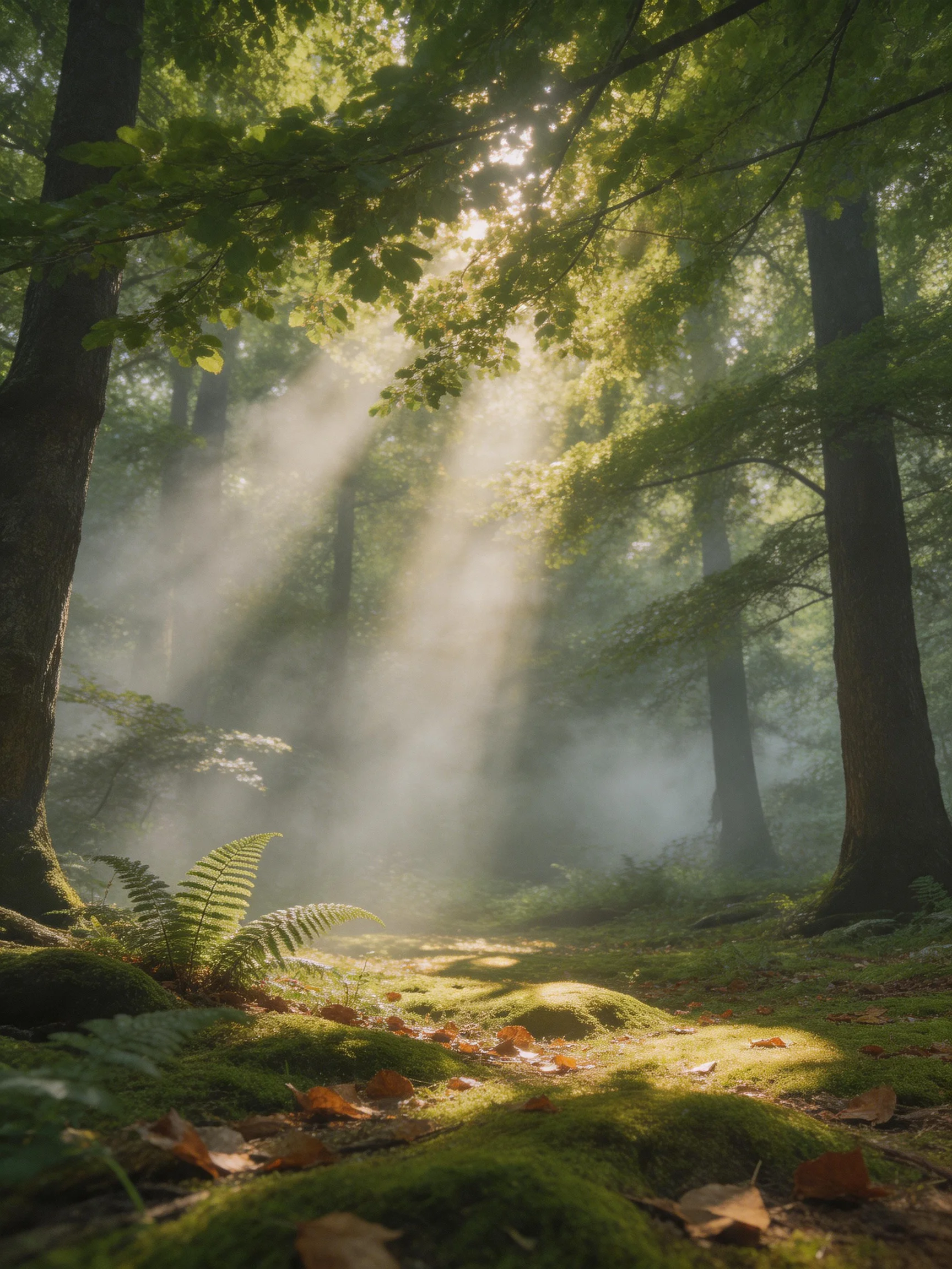 Misty Sunbeam Forest with Moss-Covered Pathway
