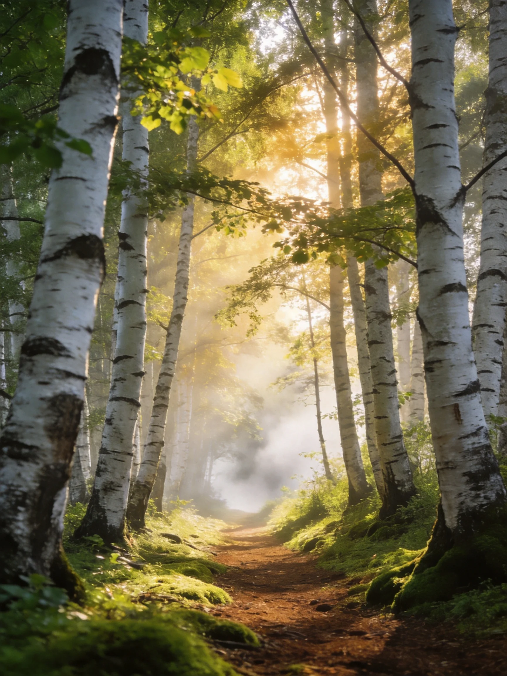 Misty Sunlit Birch Forest Trail