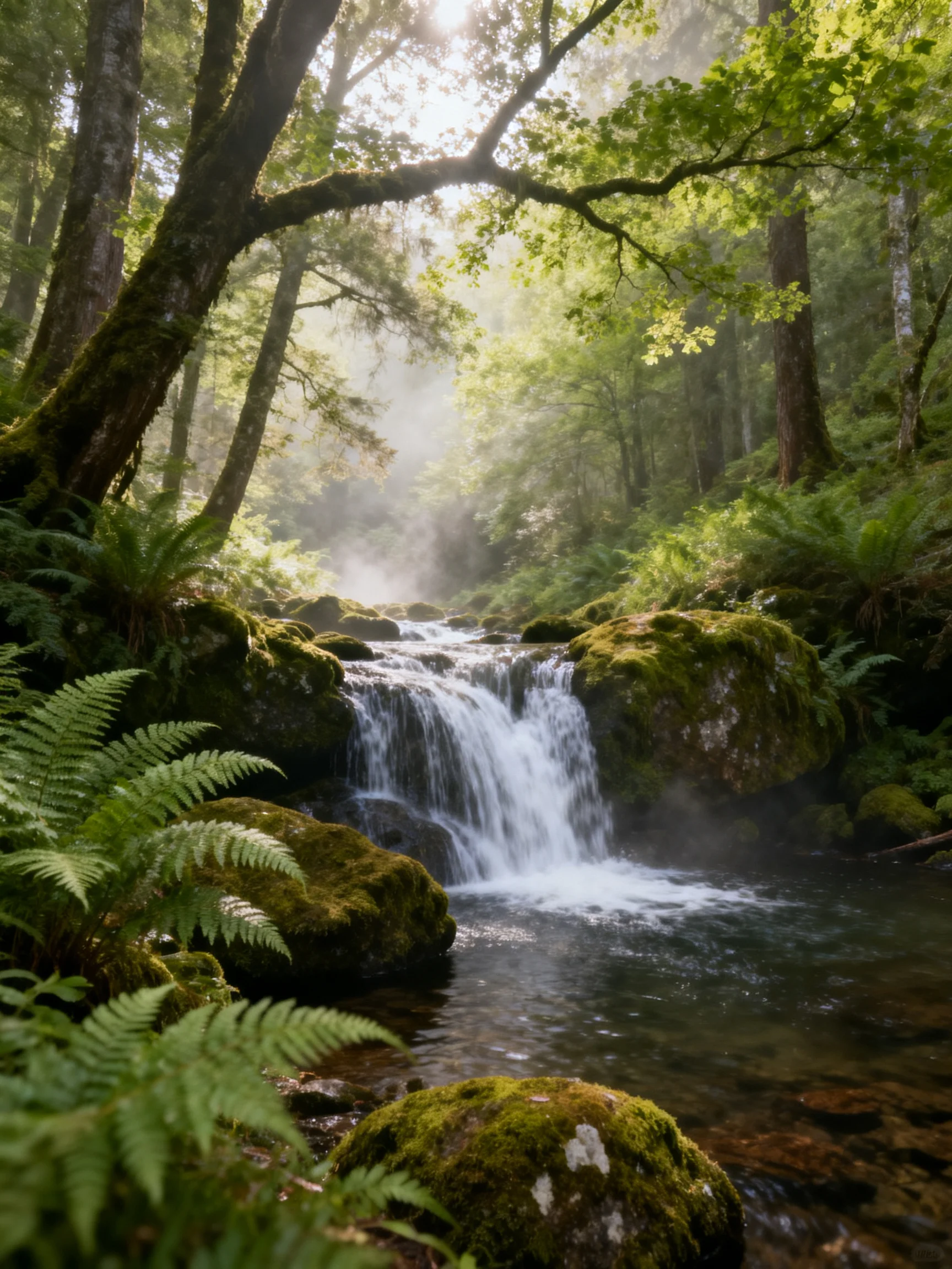 Misty Sunlit Forest Stream With Moss-Covered Rocks and Ferns