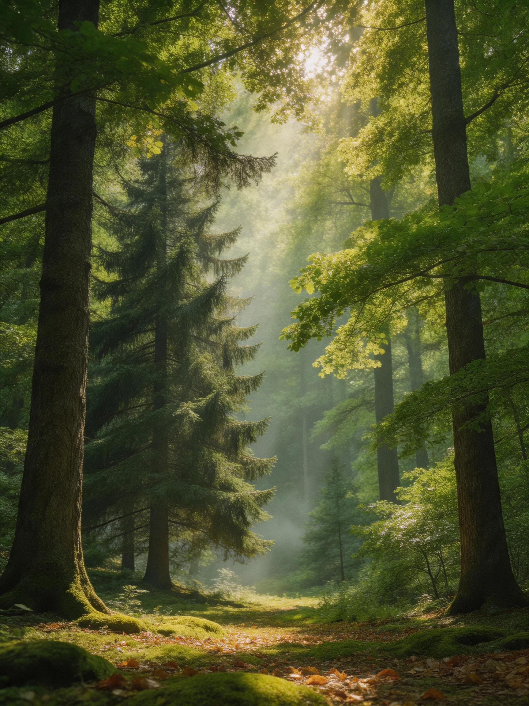 Misty Sunlit Forest with Tall Evergreen and Deciduous Trees