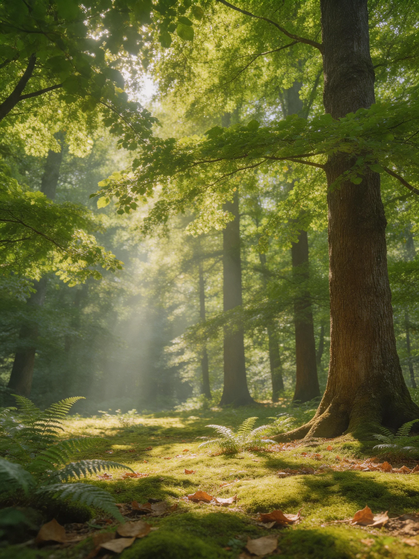 Misty Sunlit Forest with Tall Trees and Lush Undergrowth