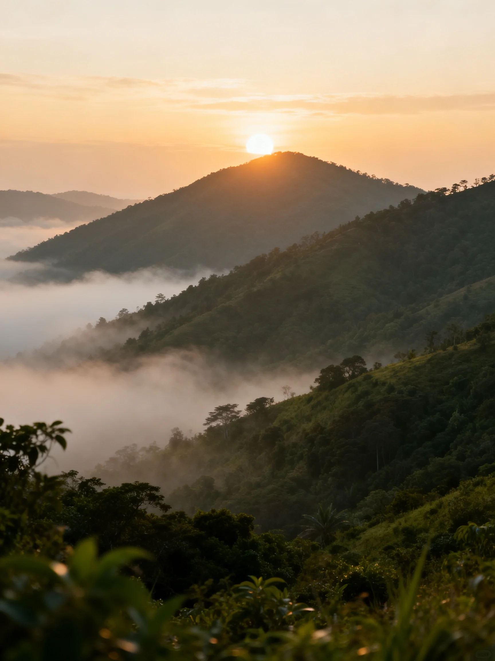 Misty Sunrise Over Lush Green Mountain Ranges