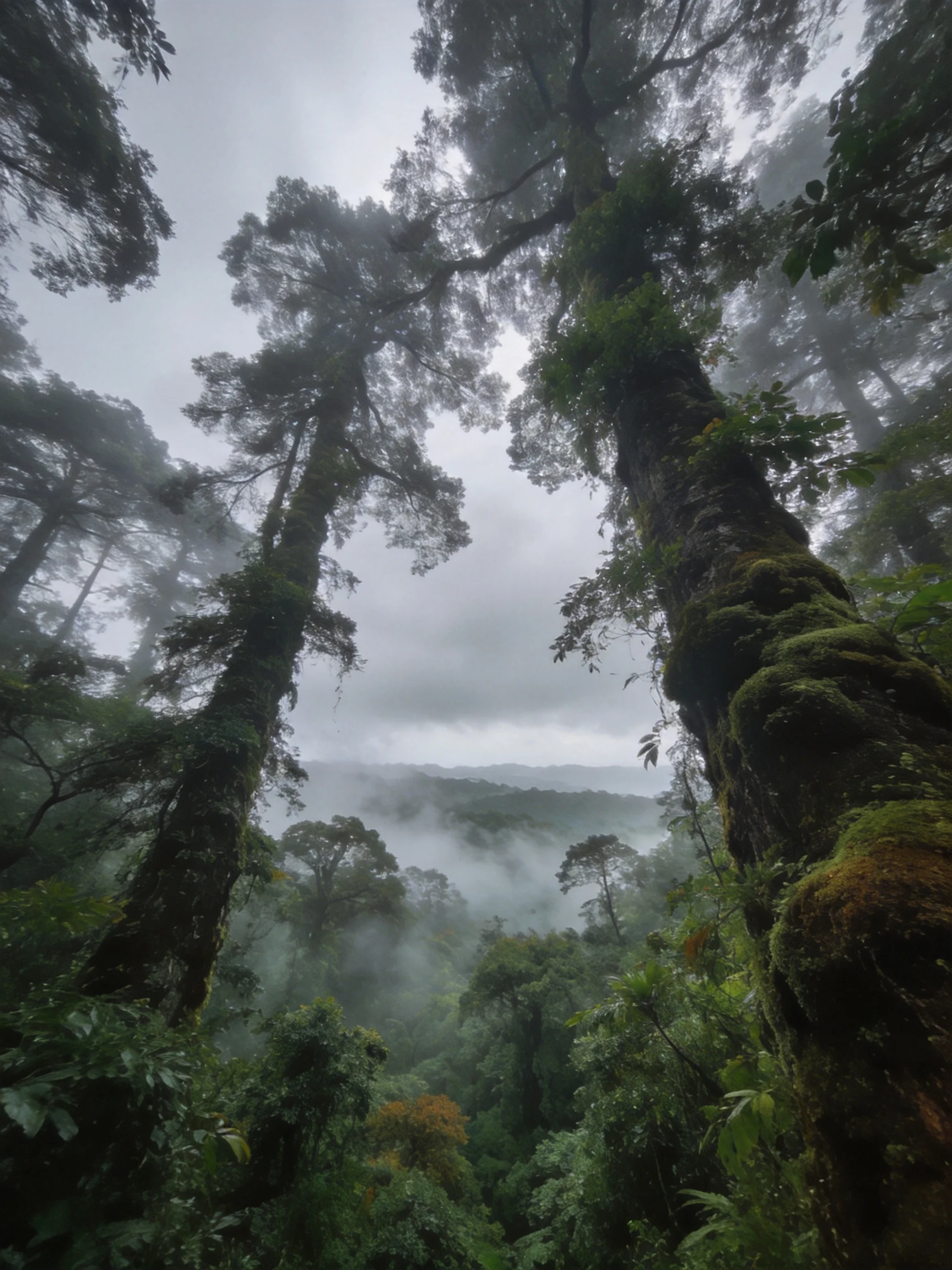 Misty Tropical Forest With Tall Moss-Covered Trees and Dense Foliage