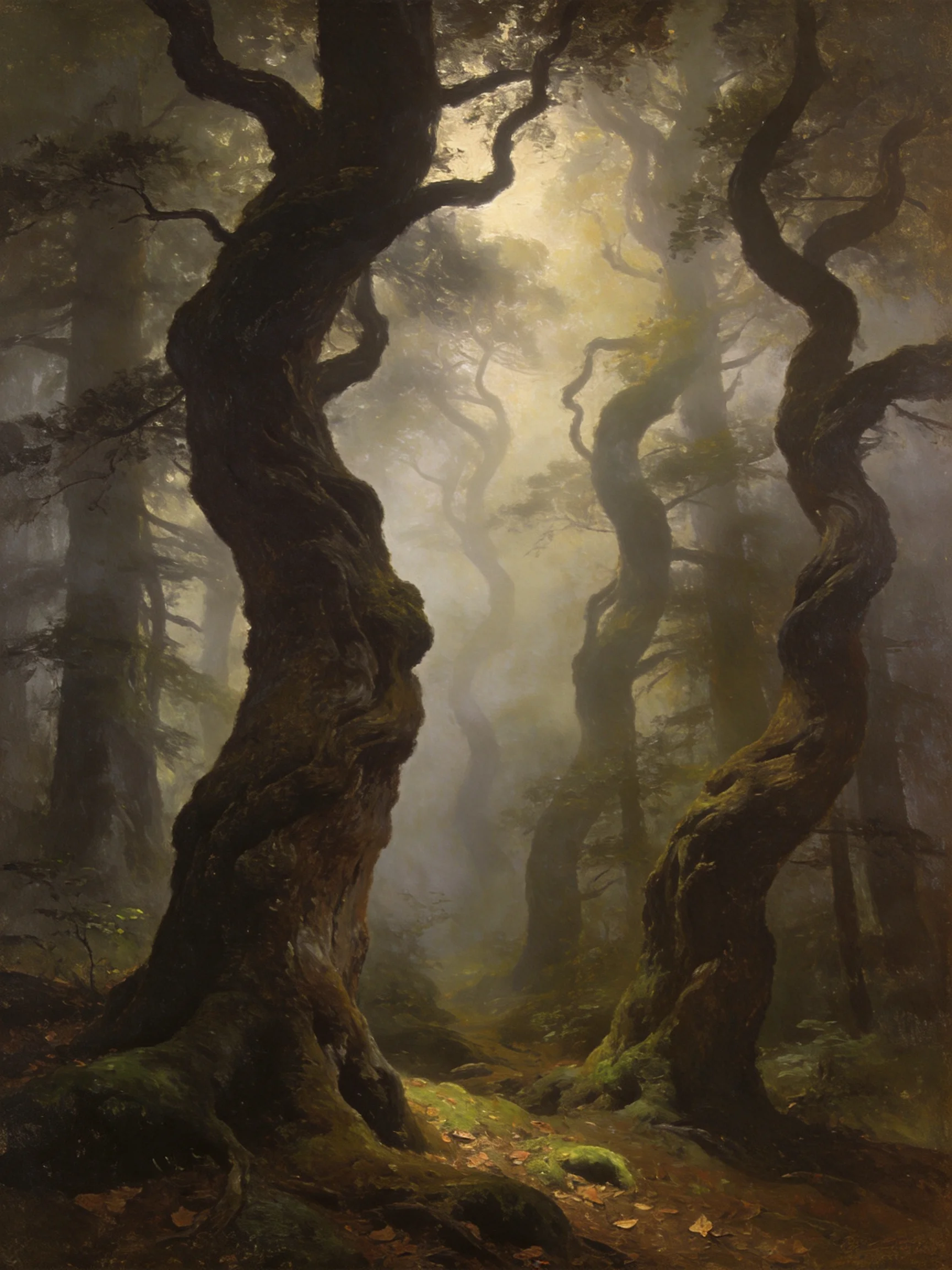 Misty Woodland with Twisted Ancient Trees