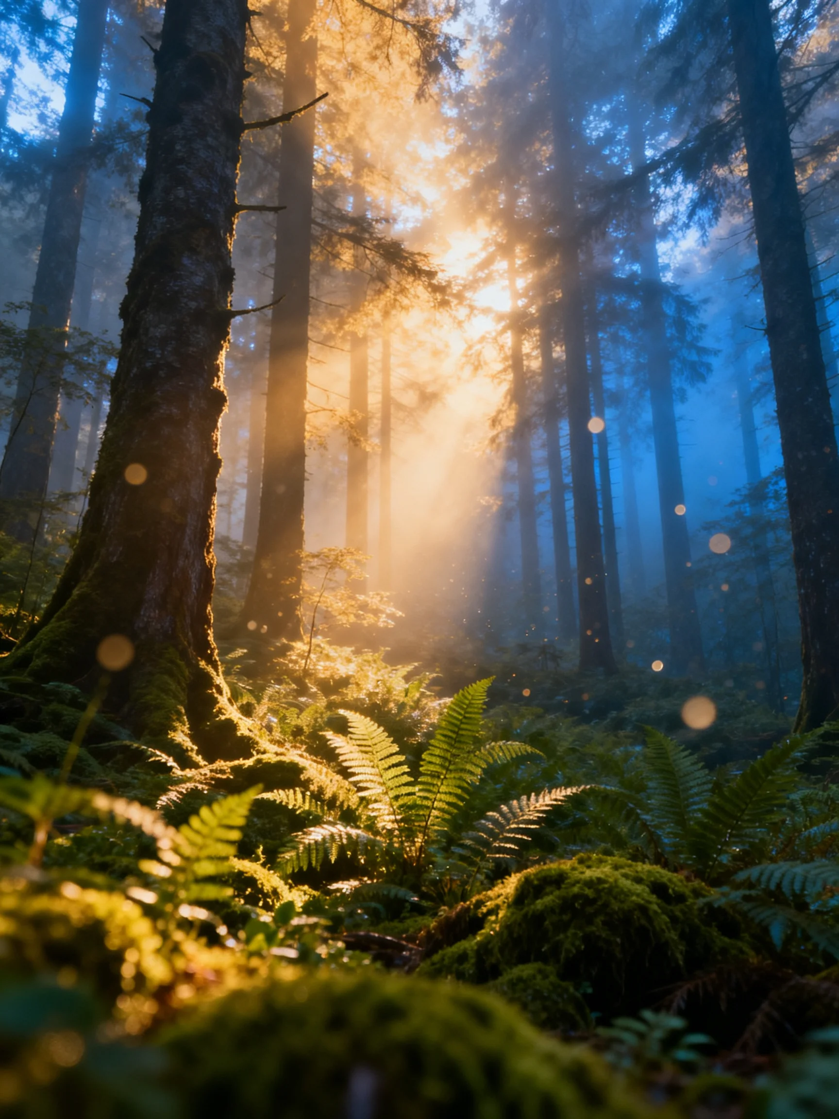 Misty forest bathed in golden sunlight with tall trees and ferns