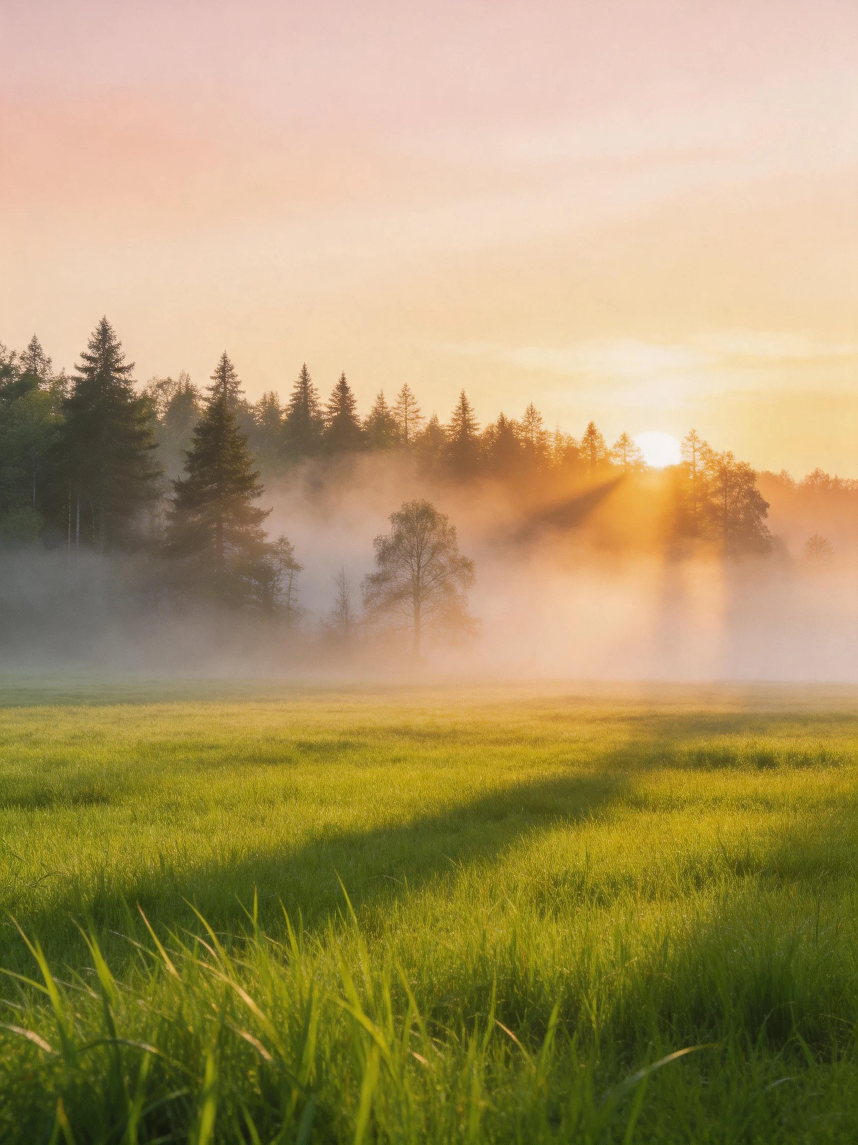 Misty forest edge with sunlit green meadow