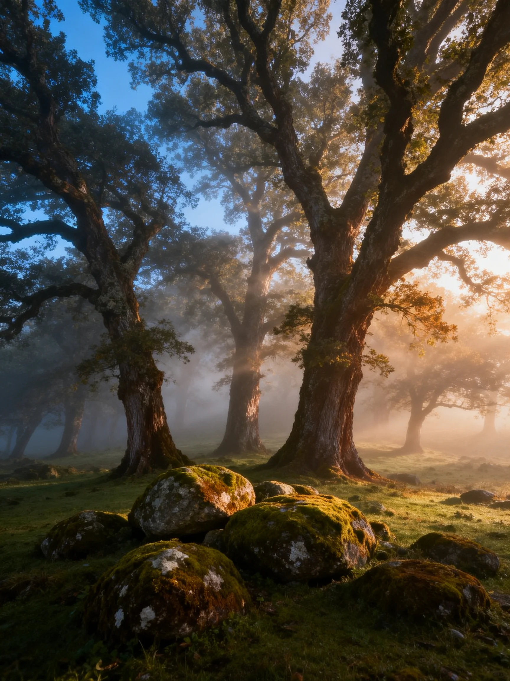 Misty forest featuring ancient oak trees and moss-covered rocks