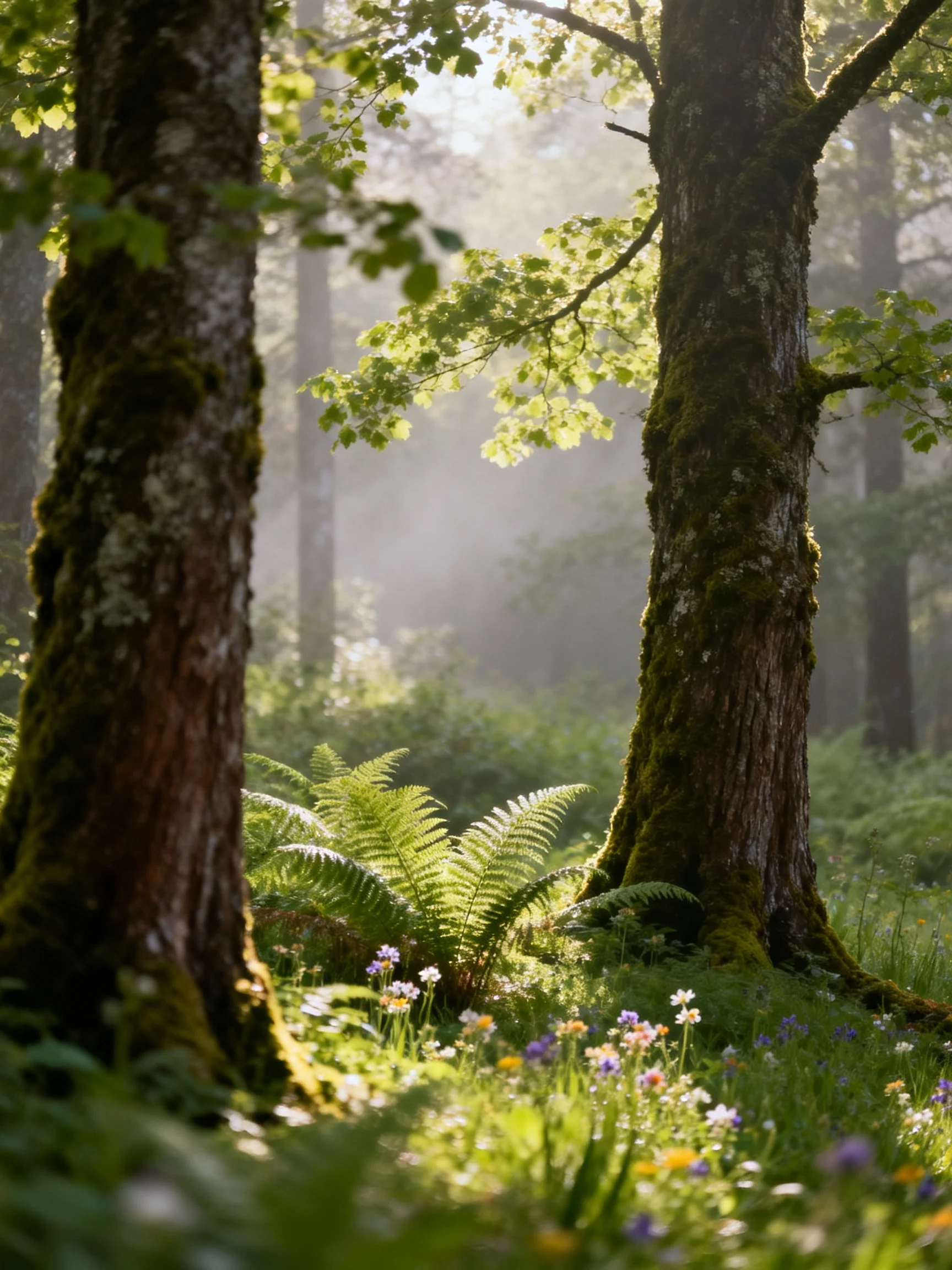 Misty forest glade with moss-covered ancient trees and vibrant wildflowers