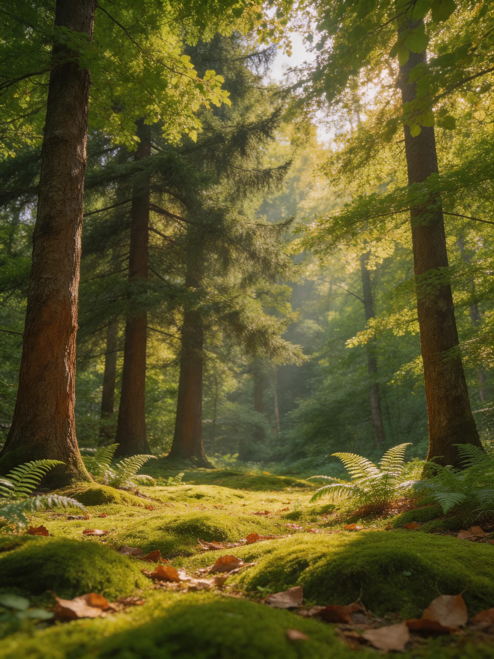 Misty forest glade with tall trees and lush moss