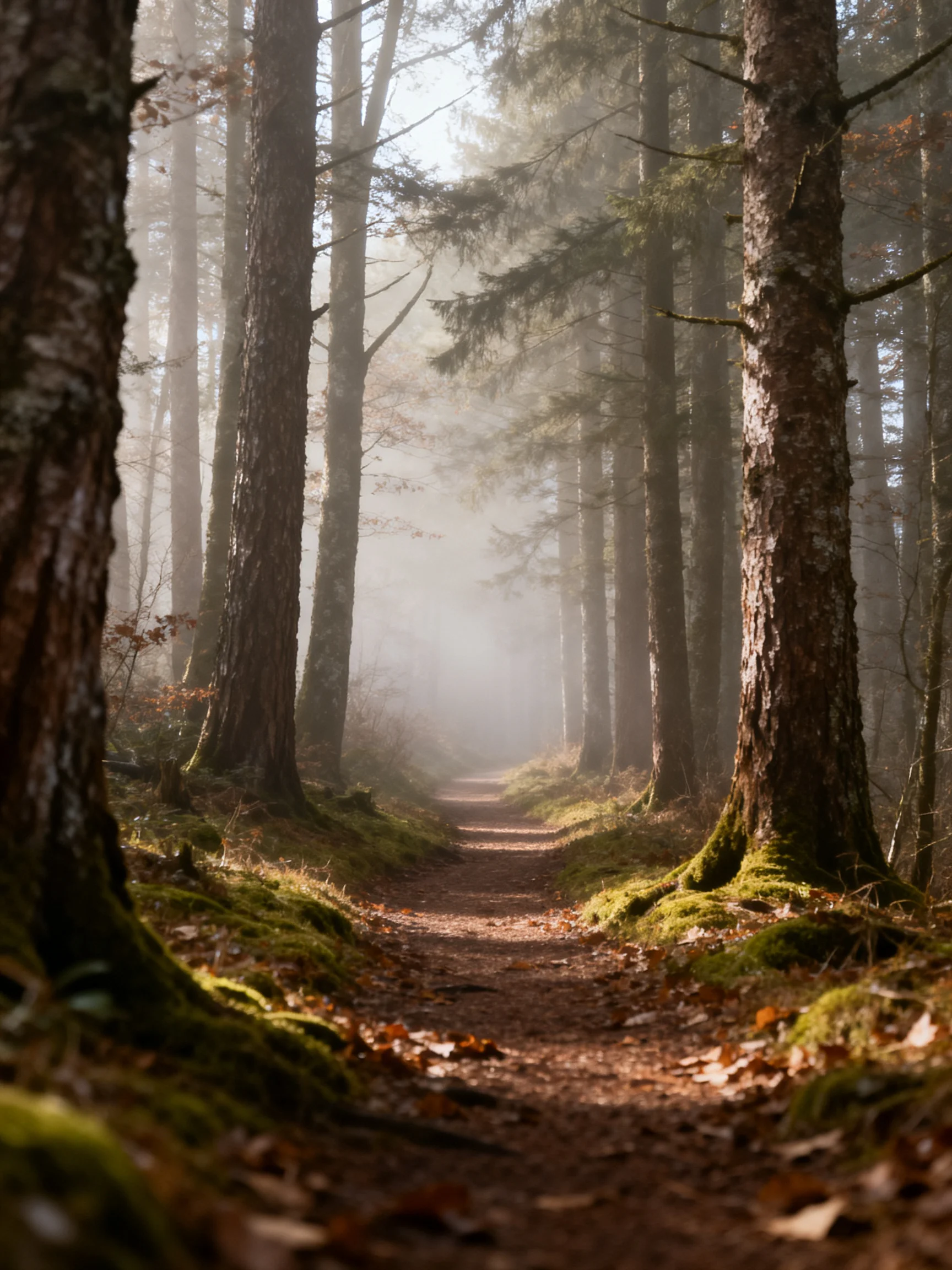 Misty forest path lined with tall trees and mossy ground