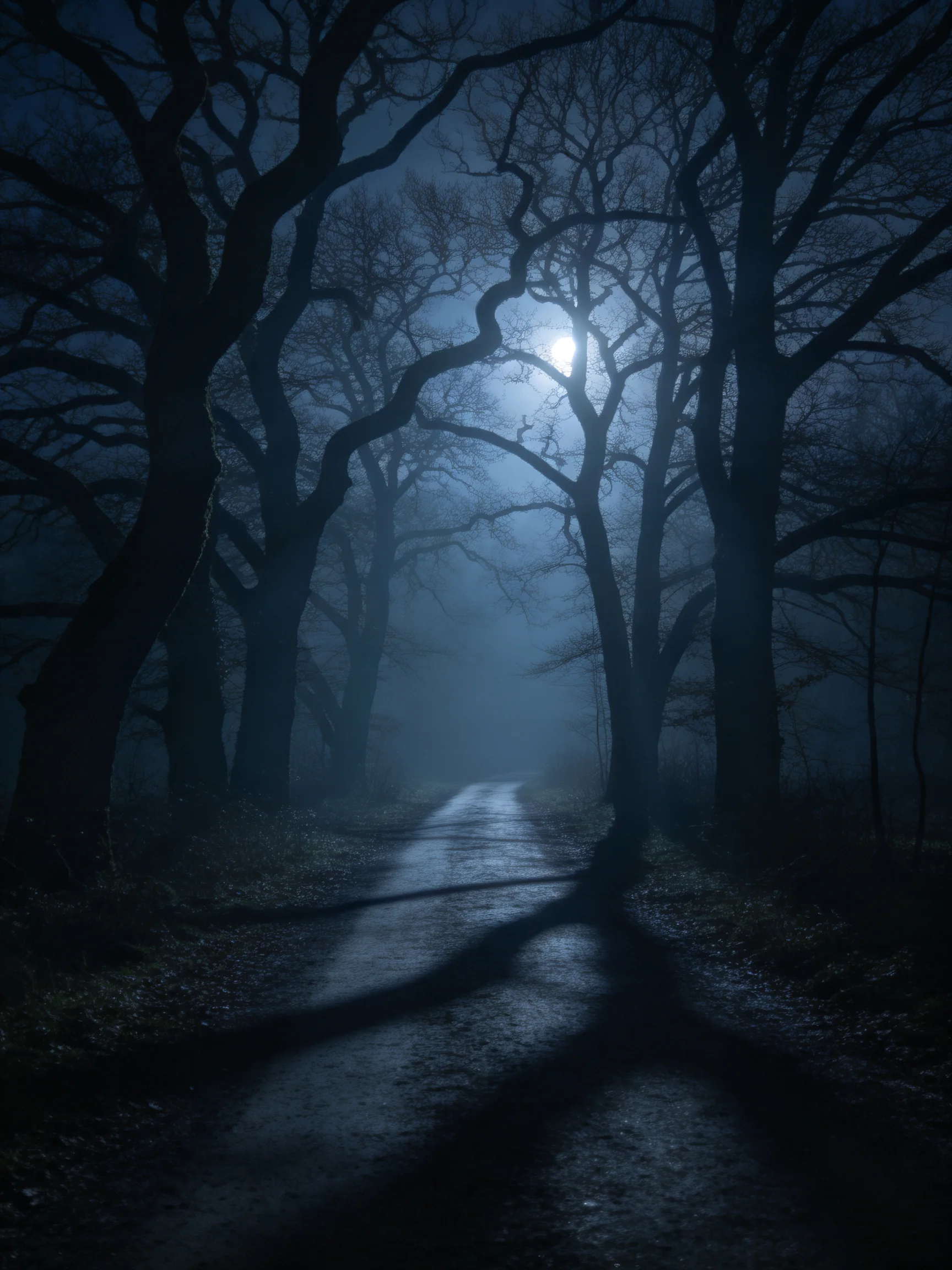 Misty forest path lit by moonlight through bare trees