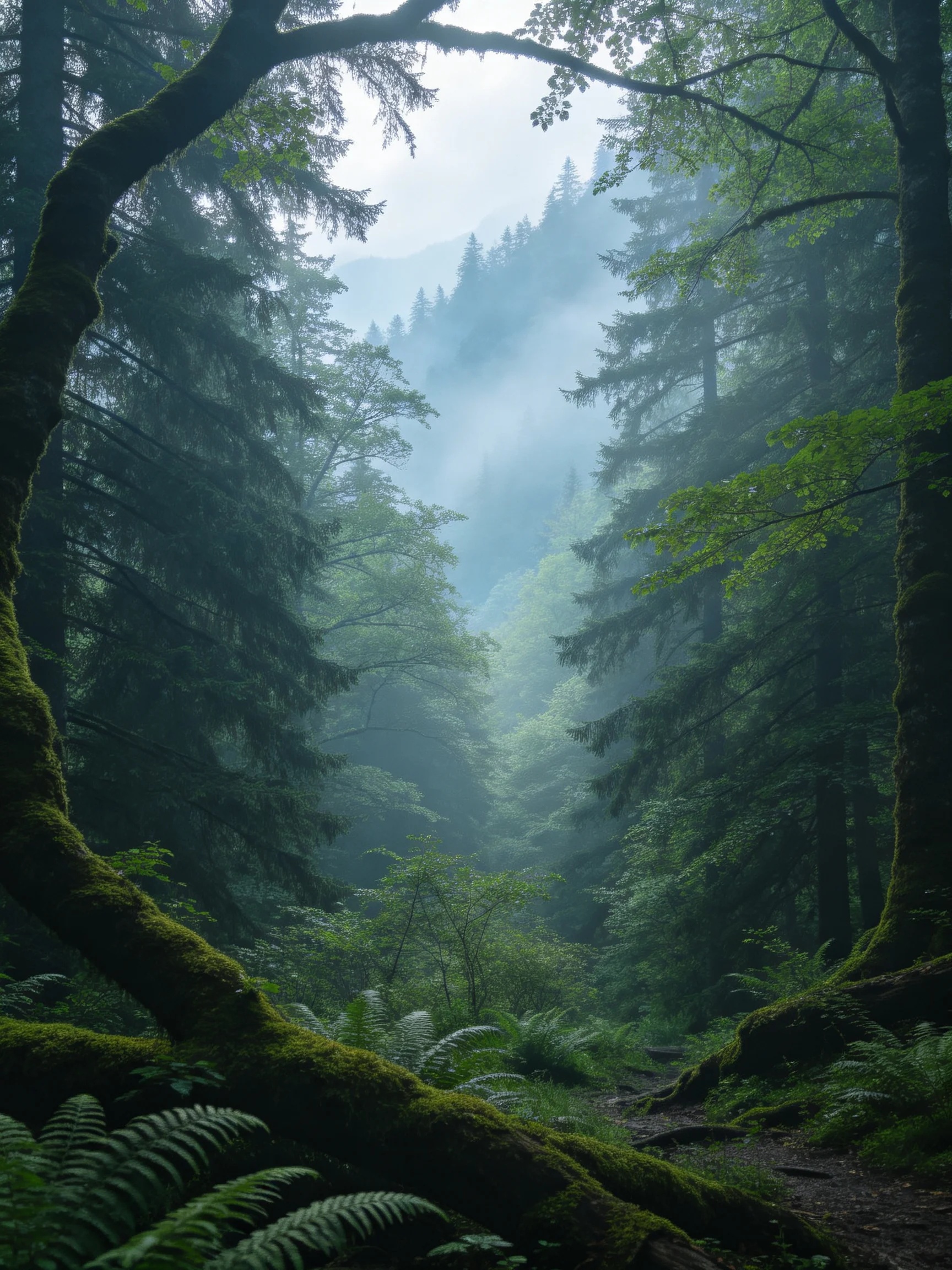 Misty forest path surrounded by tall evergreen trees and ferns