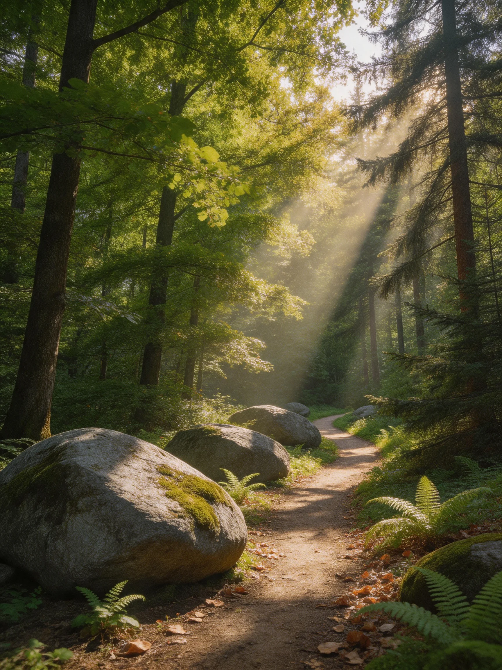 Misty forest path with mossy boulders under sunlit beams