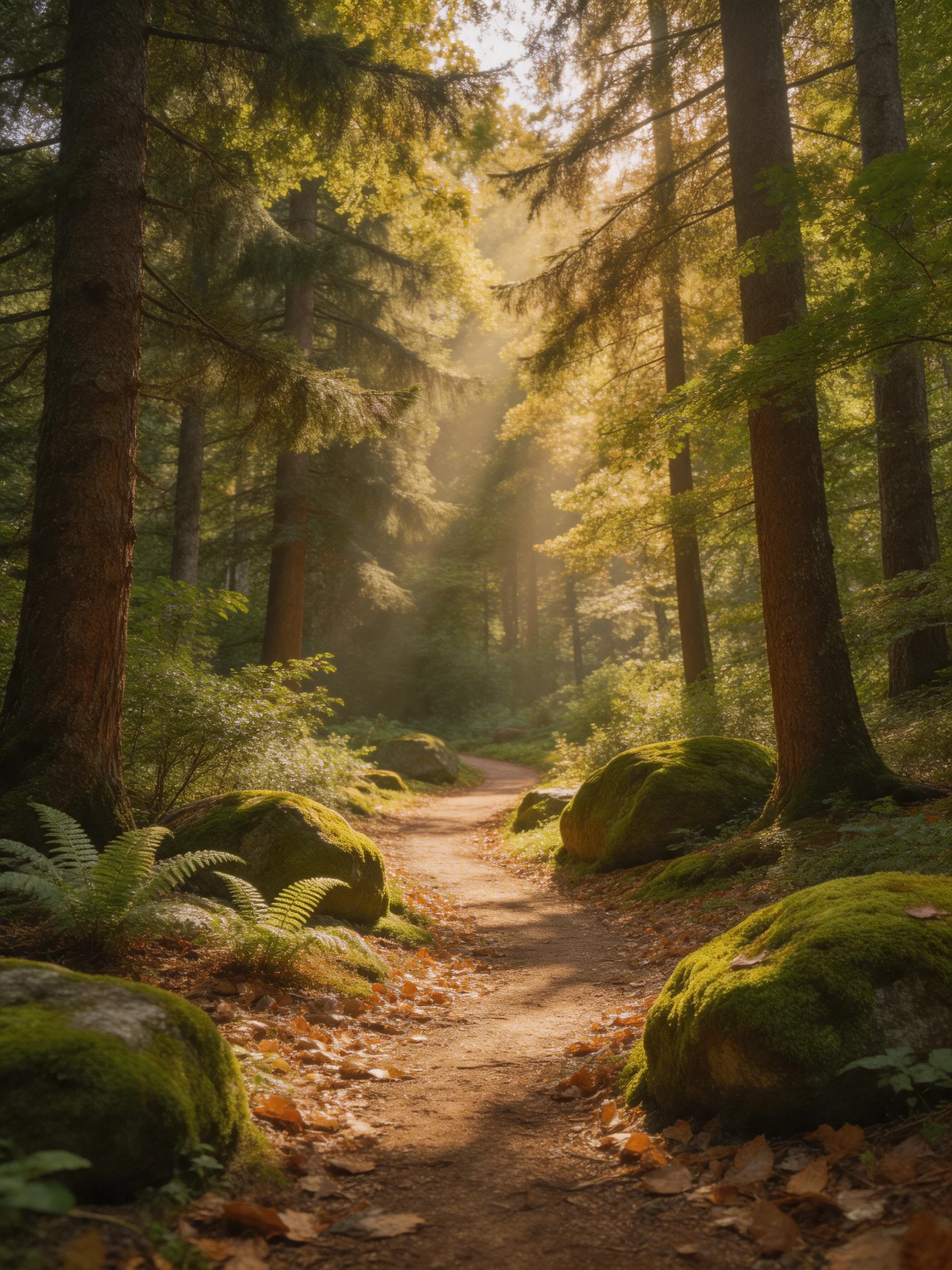 Misty forest path with mossy rocks and tall evergreens