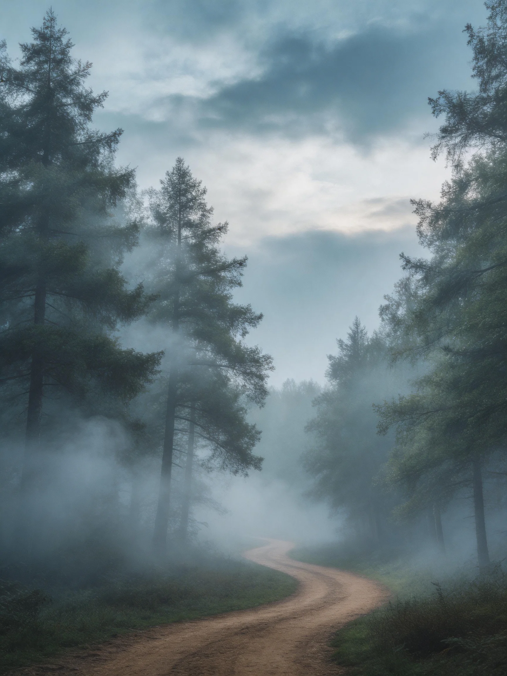 Misty forest path with tall evergreen trees along winding dirt road