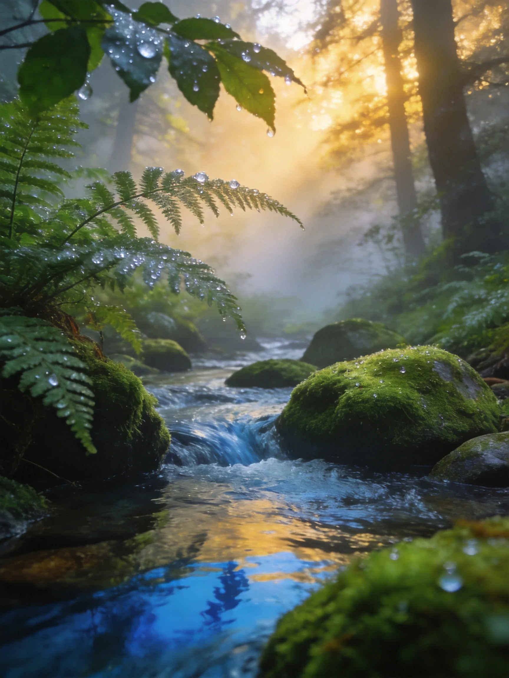 Misty forest stream with moss-covered rocks and ferns