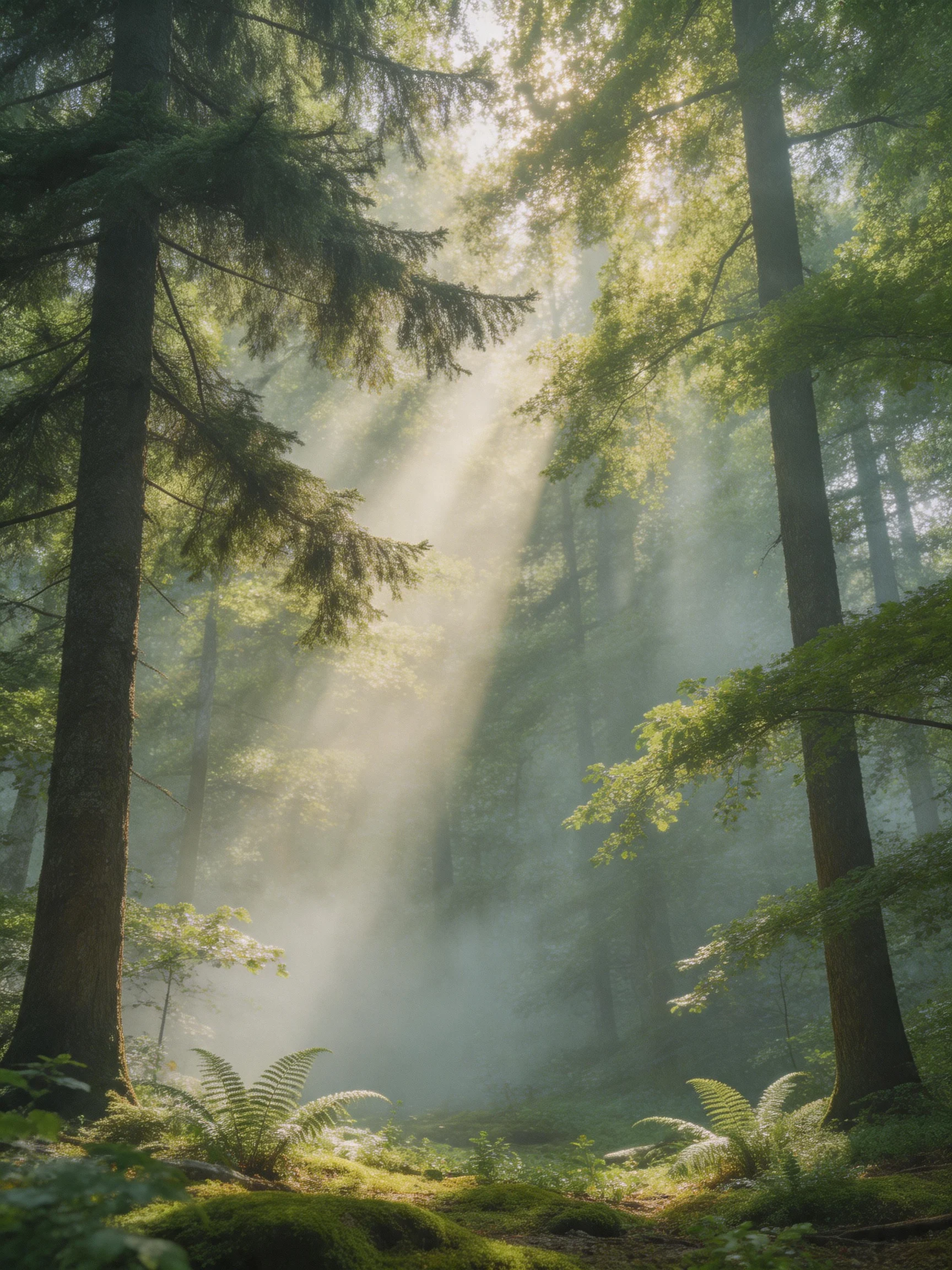 Misty forest sunlight streams through tall evergreen trees and ferns