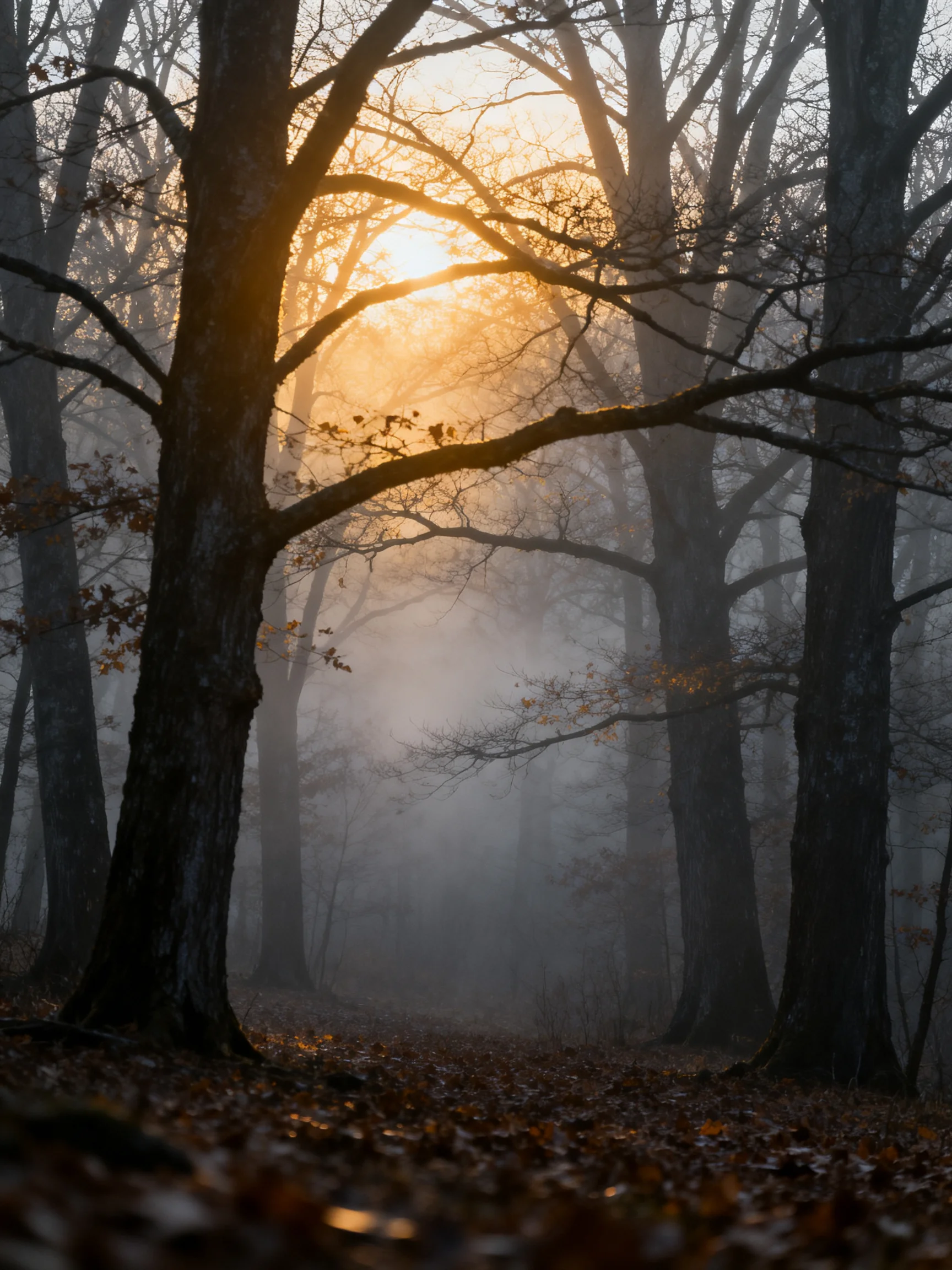 Misty forest with golden sunlight through tall trees
