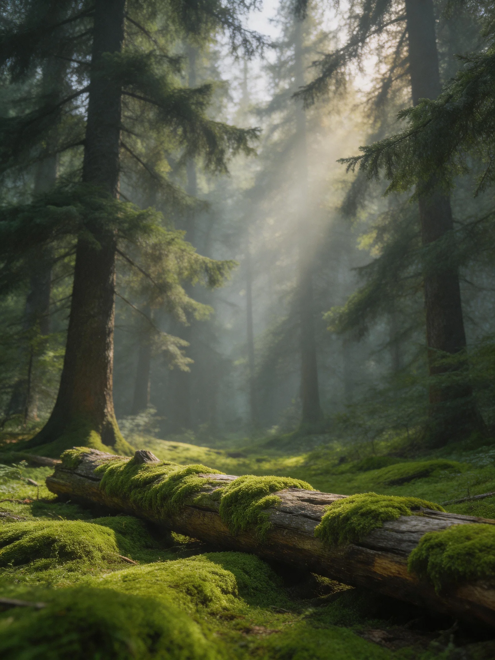 Misty forest with moss-covered fallen log and sunbeams