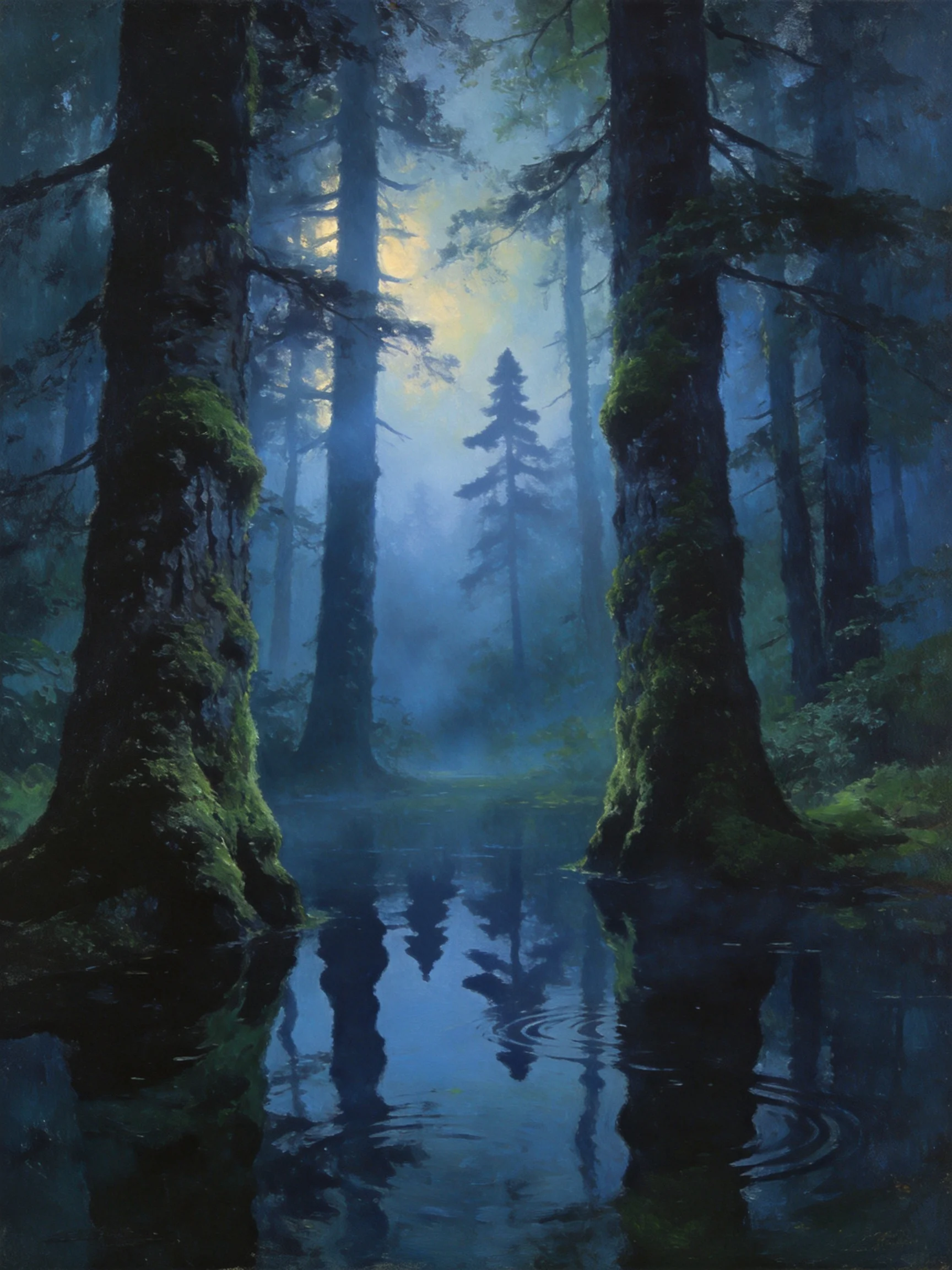 Misty forest with moss-covered giants and reflective waters