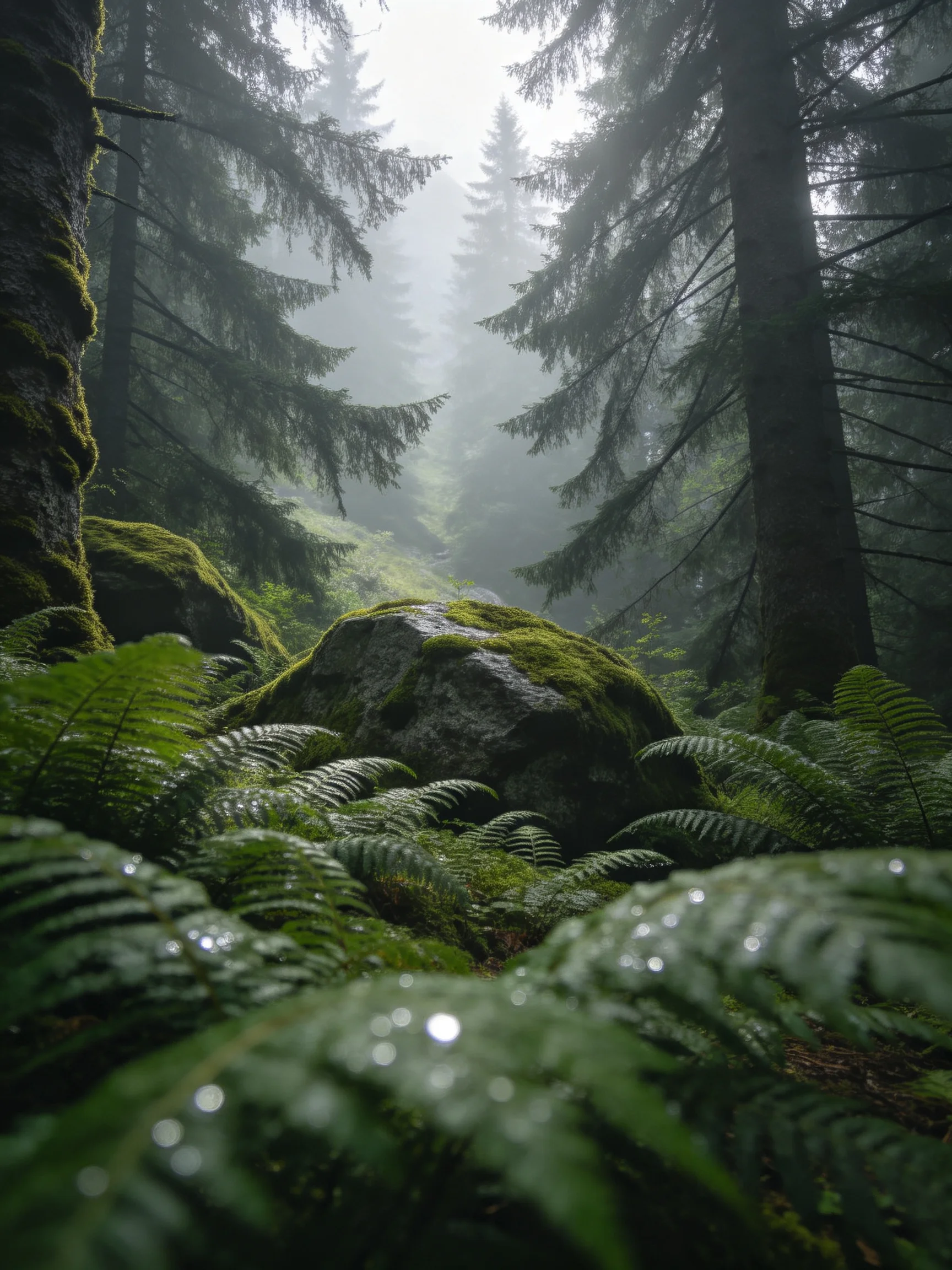 Misty forest with moss-covered rocks and ferns