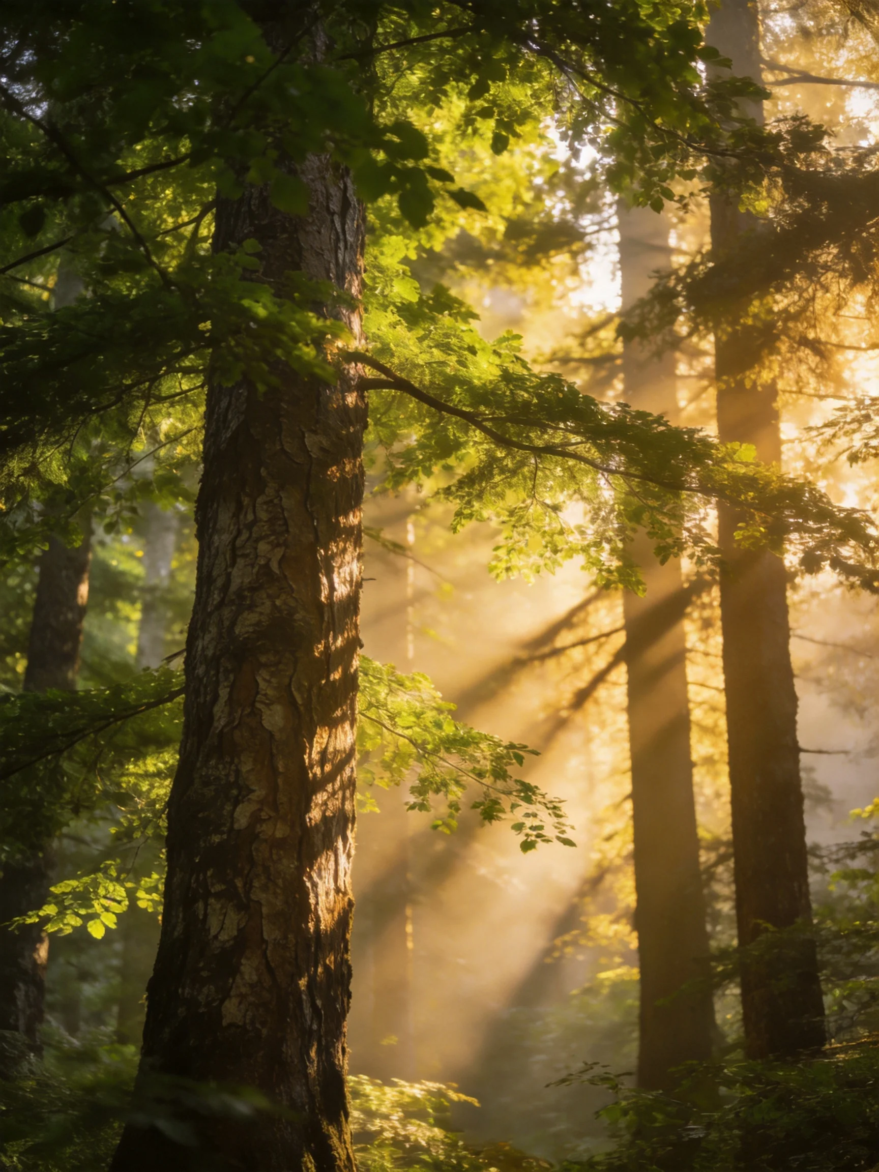 Misty forest with tall brown-trunked trees bathed in golden sunlight
