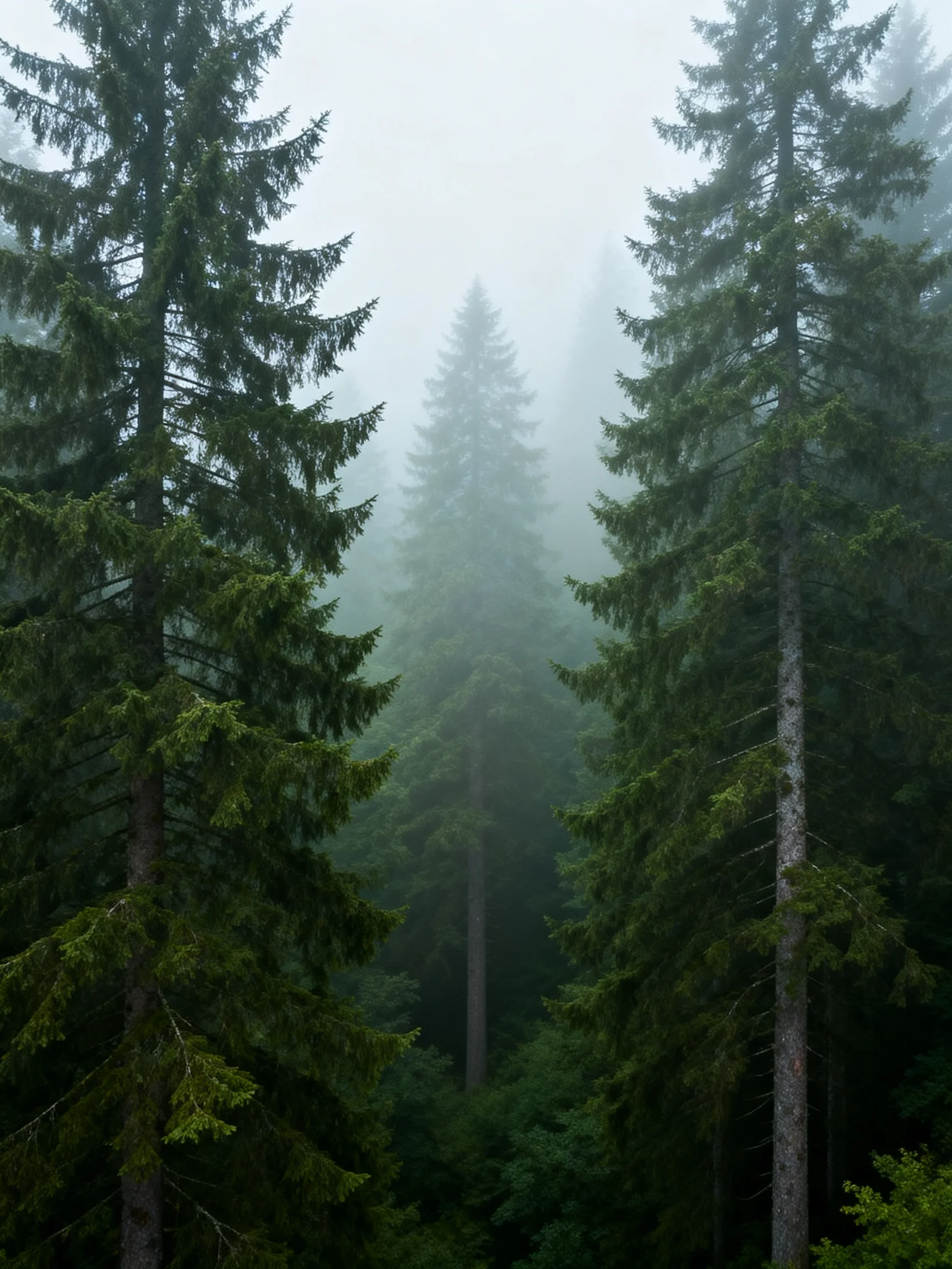 Misty forest with tall evergreen trees and dense fog