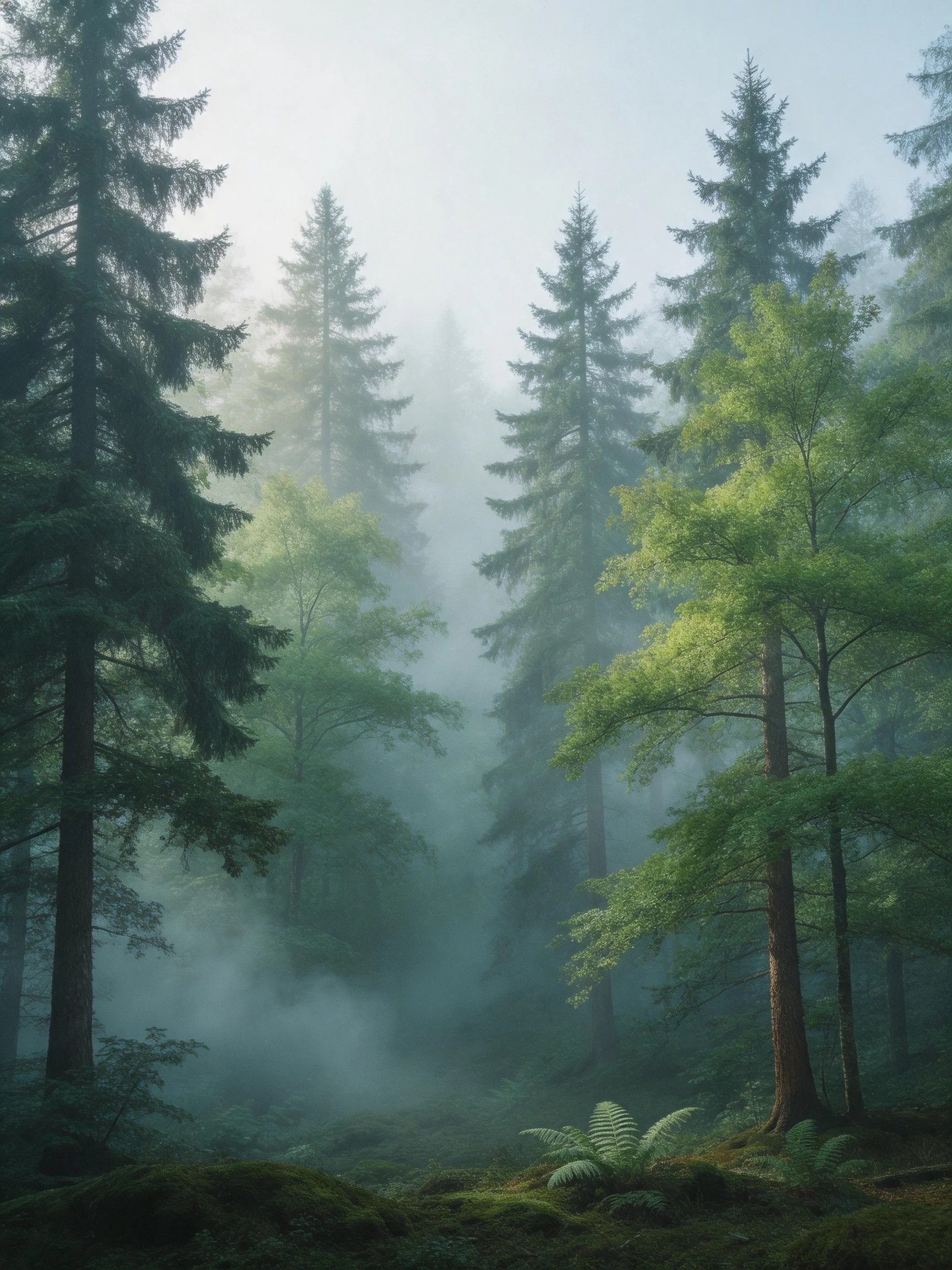 Misty forest with tall evergreen trees and lush ferns