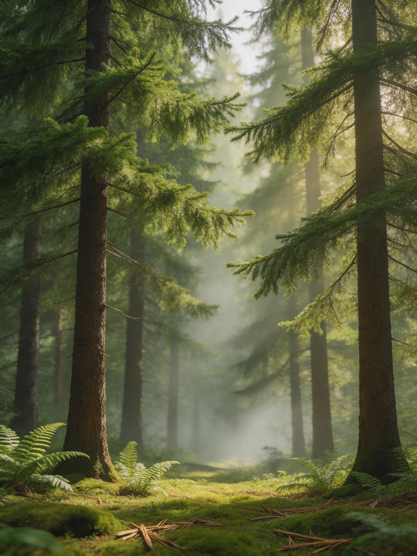 Misty forest with tall evergreen trees and lush undergrowth