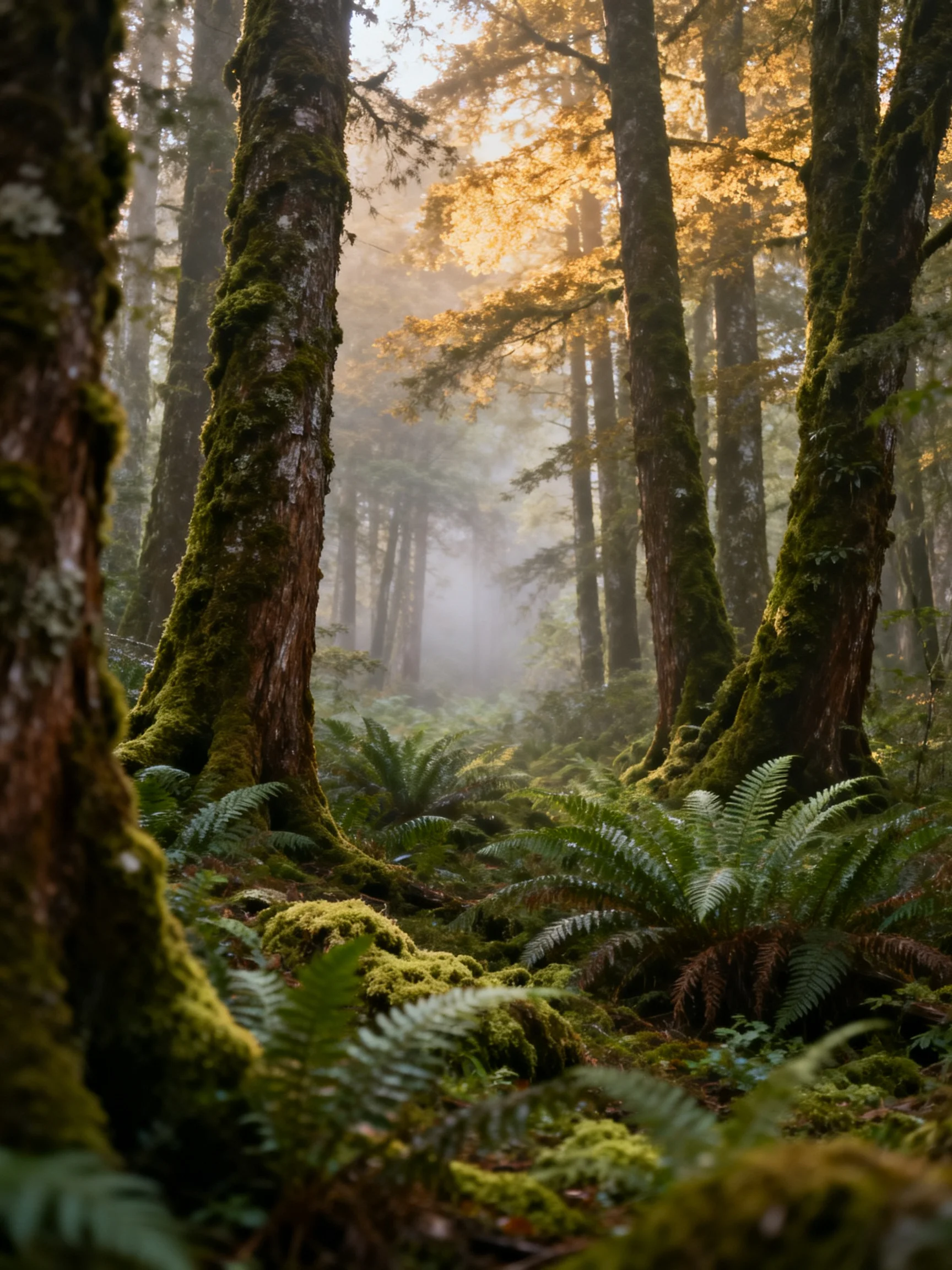 Misty forest with tall mossy trees and lush ferns