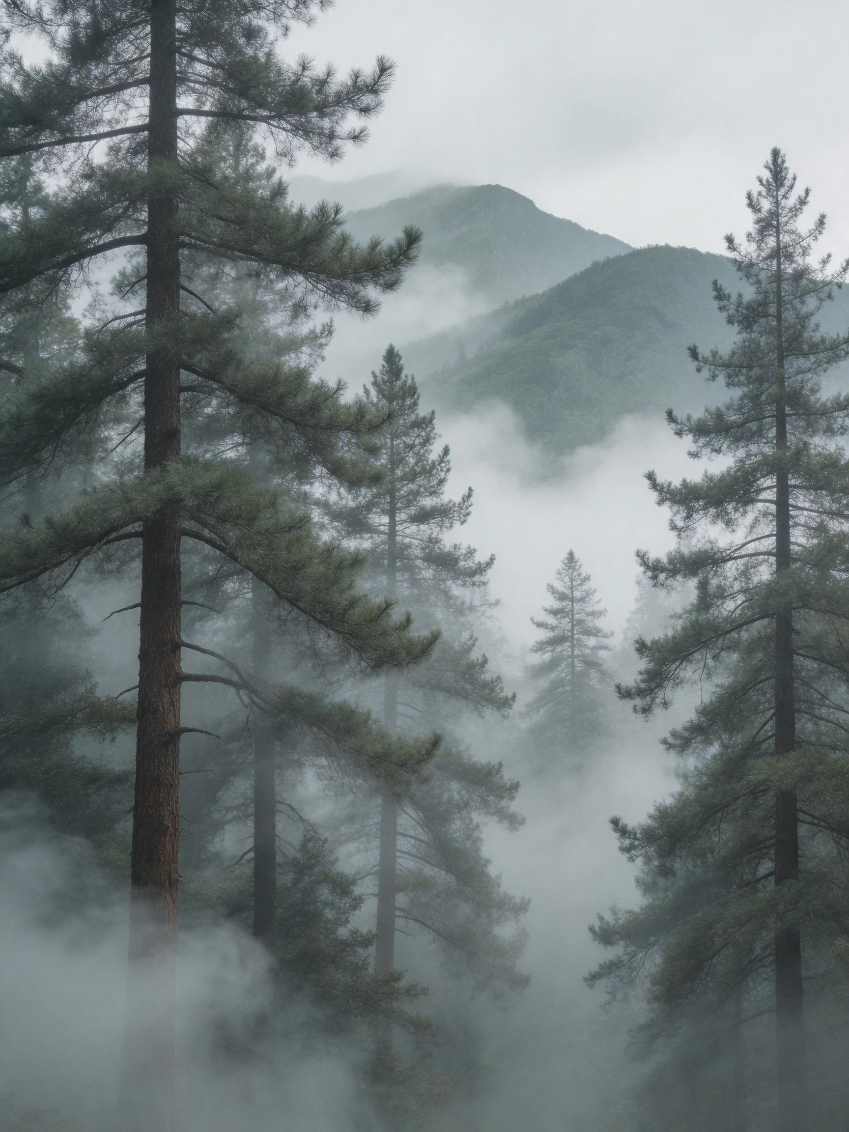 Misty forest with tall pine trees and foggy mountain backdrop
