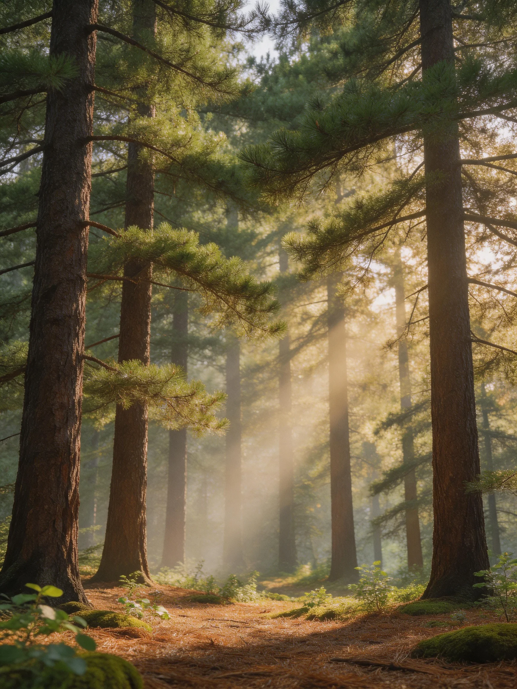 Misty forest with tall pine trees and golden sunlight
