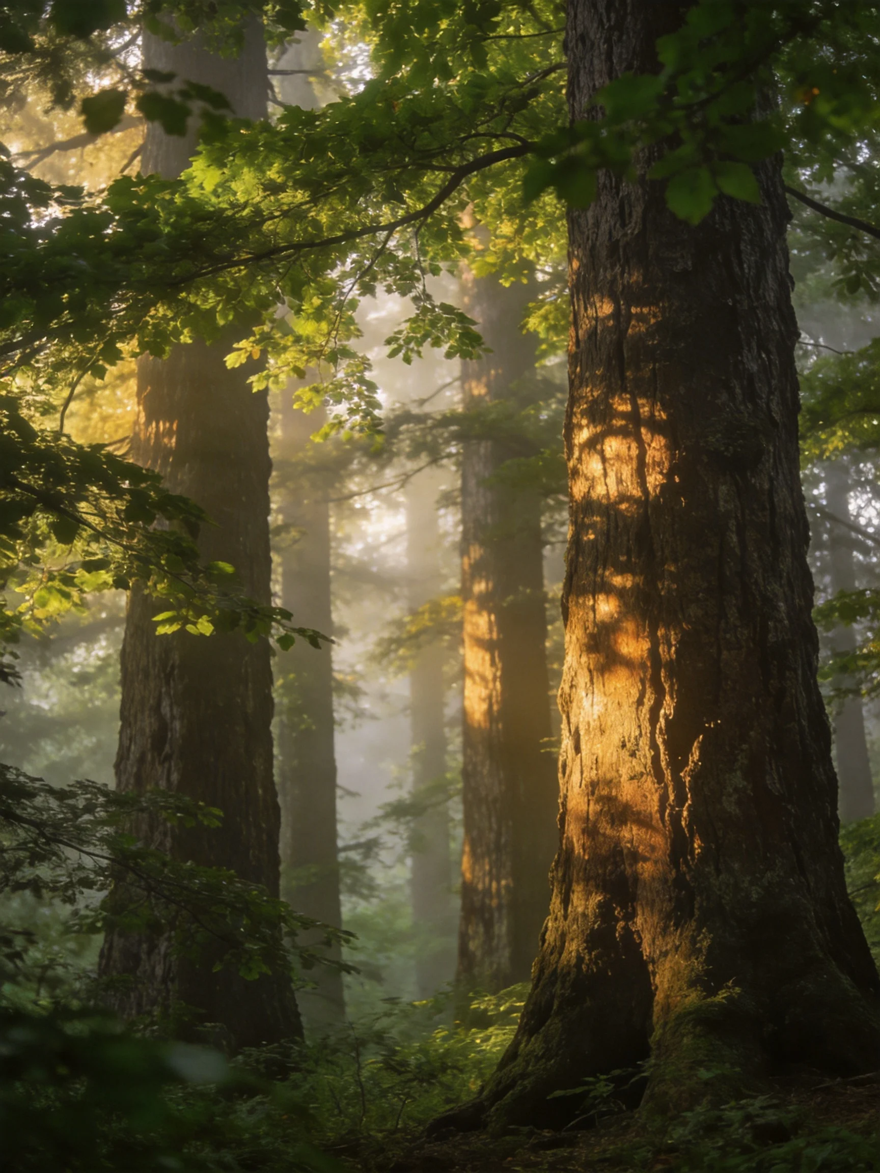 Misty forest with tall trees bathed in golden sunlight