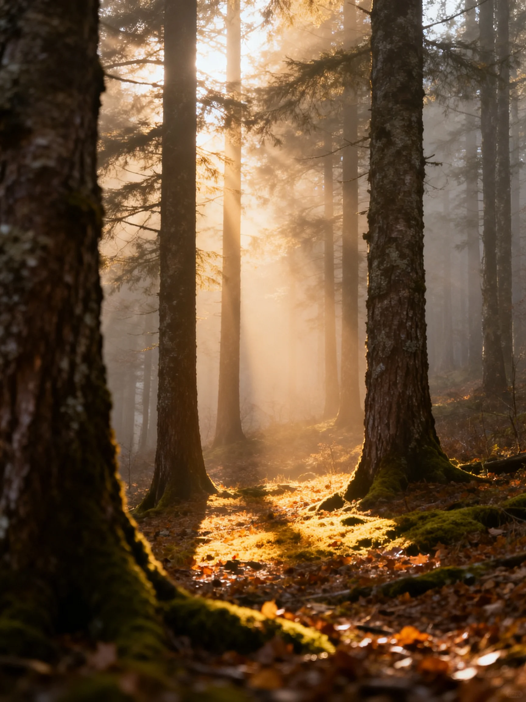 Misty forest with tall trees, golden sunlight beams, and mossy trunks