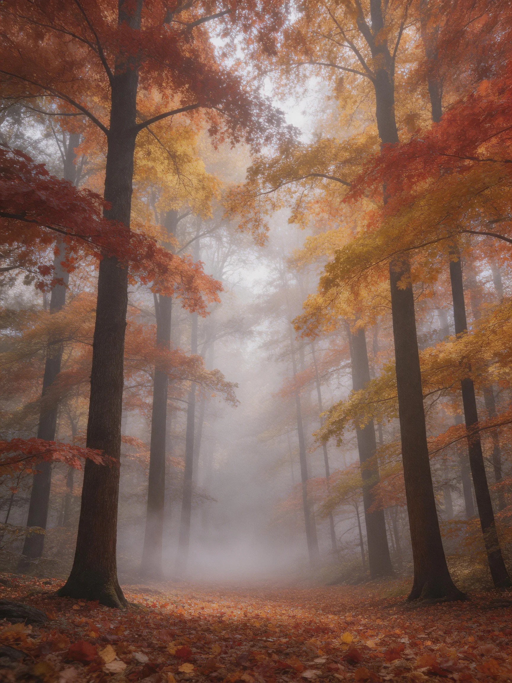 Misty forest with tall trees showcasing autumn foliage