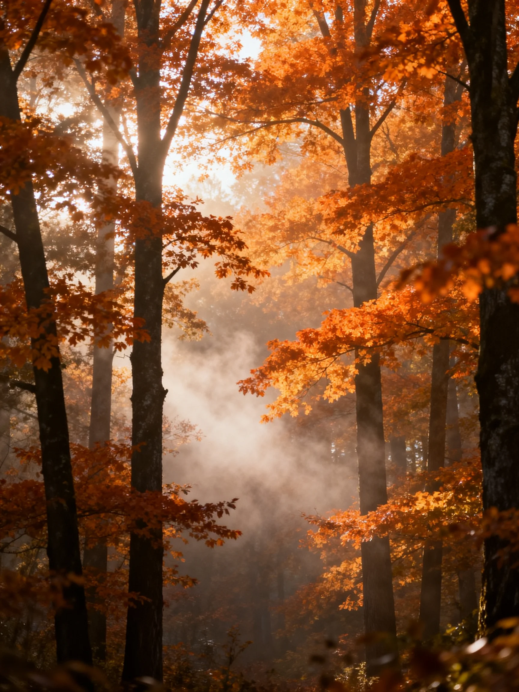 Misty forest with tall trees showcasing vibrant autumn foliage
