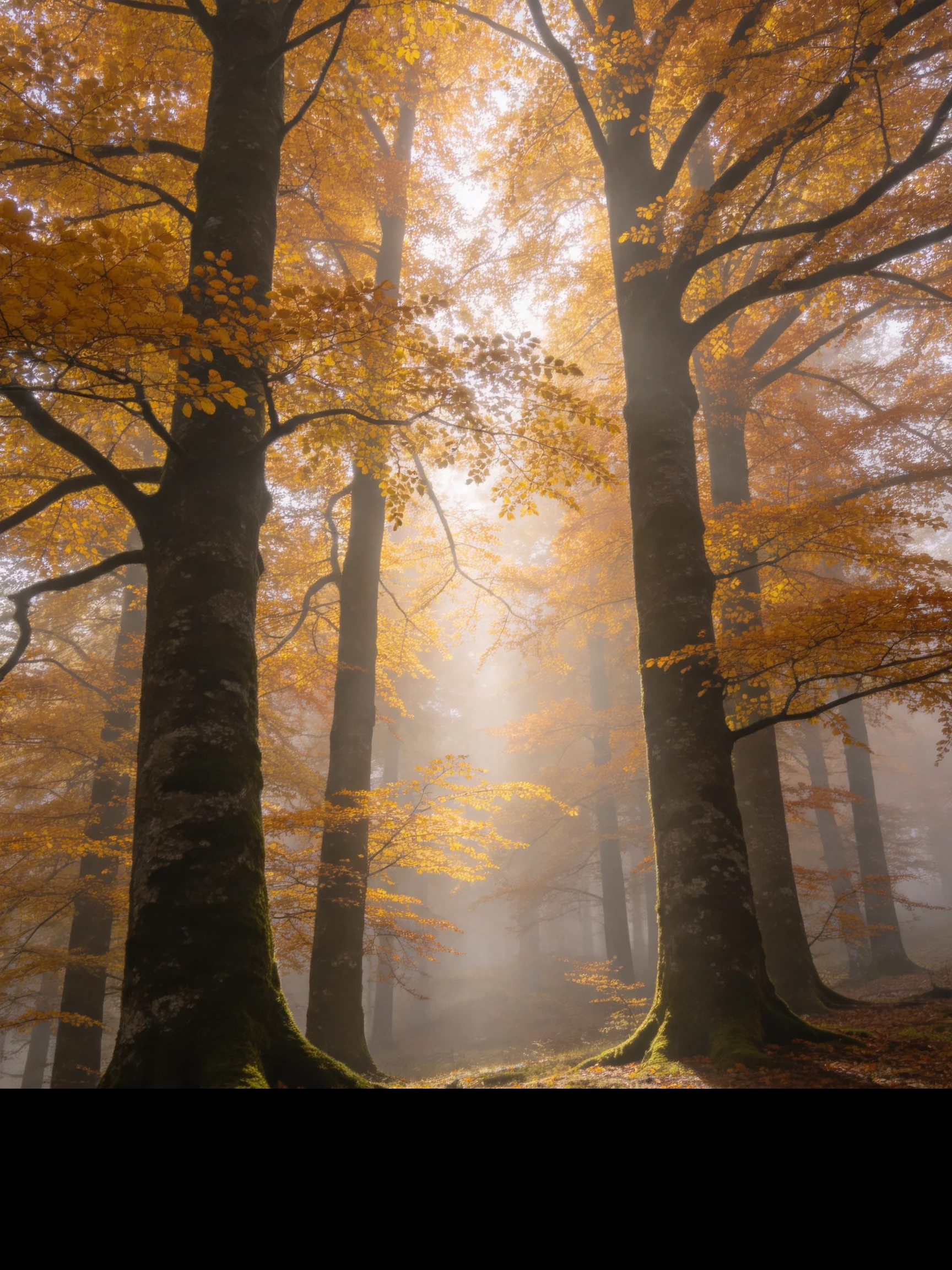 Misty forest with tall trees showing golden autumn foliage
