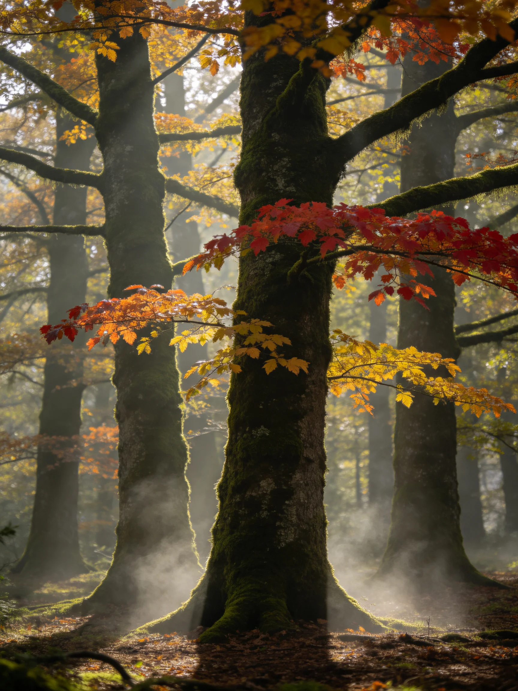 Misty forest with towering trees and vibrant fall foliage